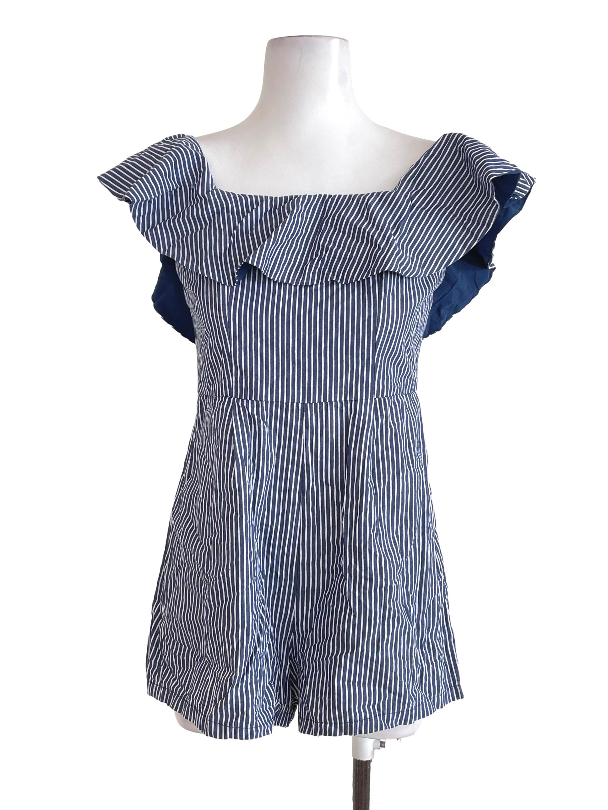 Playdress Blue Bengal Stripe Off-Shoulder Romper | REFASH