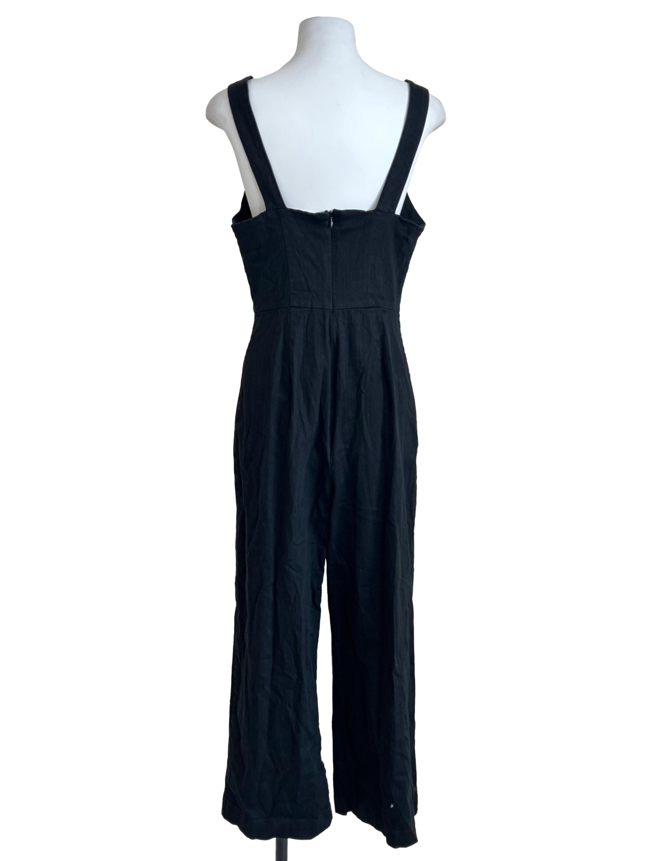 Black Button-Front V-Neck Wide Jumpsuit