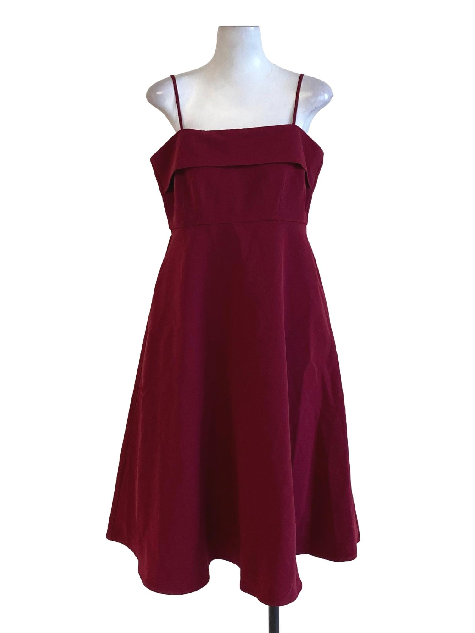Wine Red Square Neck Spaghetti Strap A-Line Dress