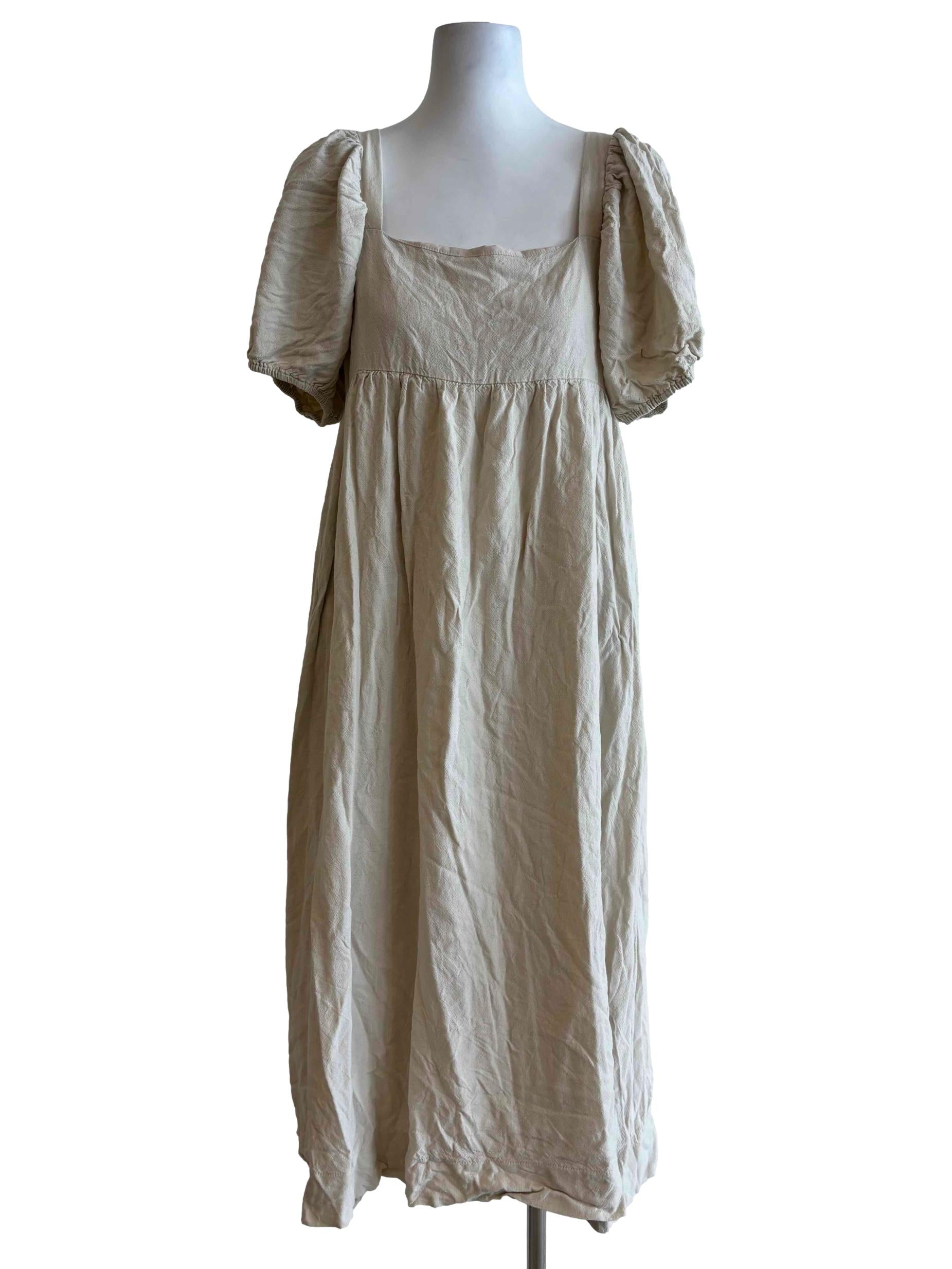 Beige Puff Sleeve Baby Doll Dress
