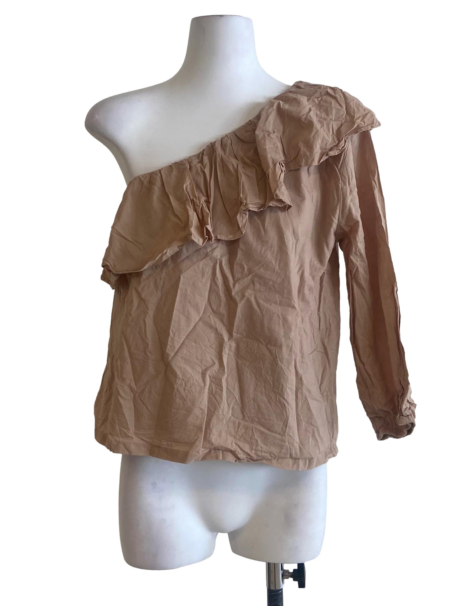 Tortilla Brown Asymmetric Ruffled Blouse