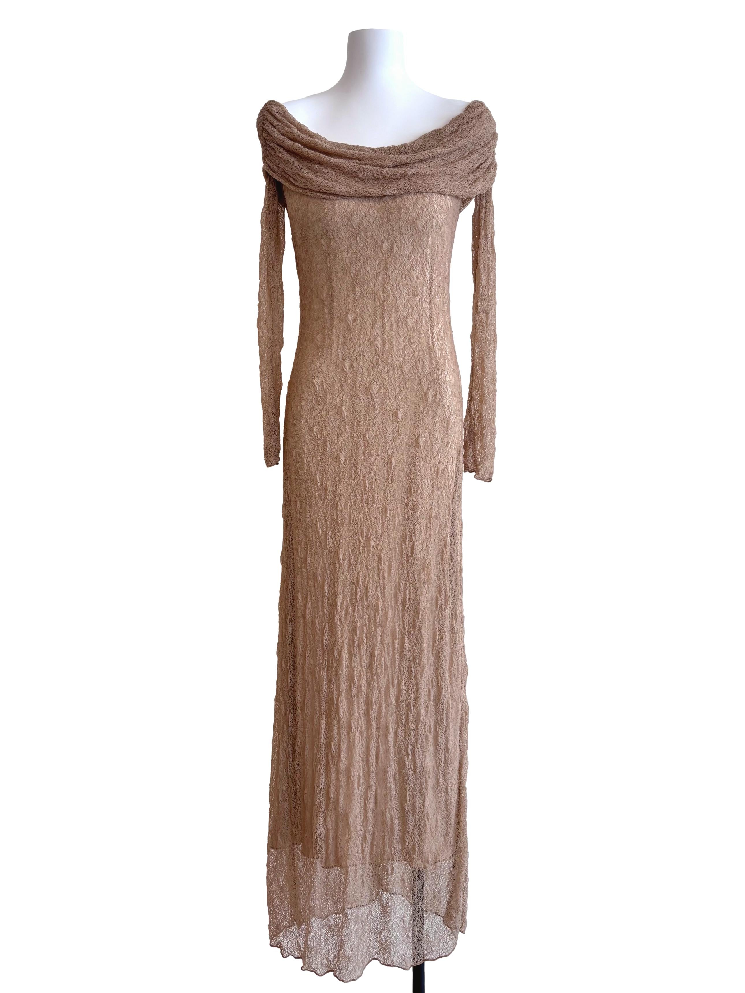 Peanut Brown Lace Wide Shoulder Dress