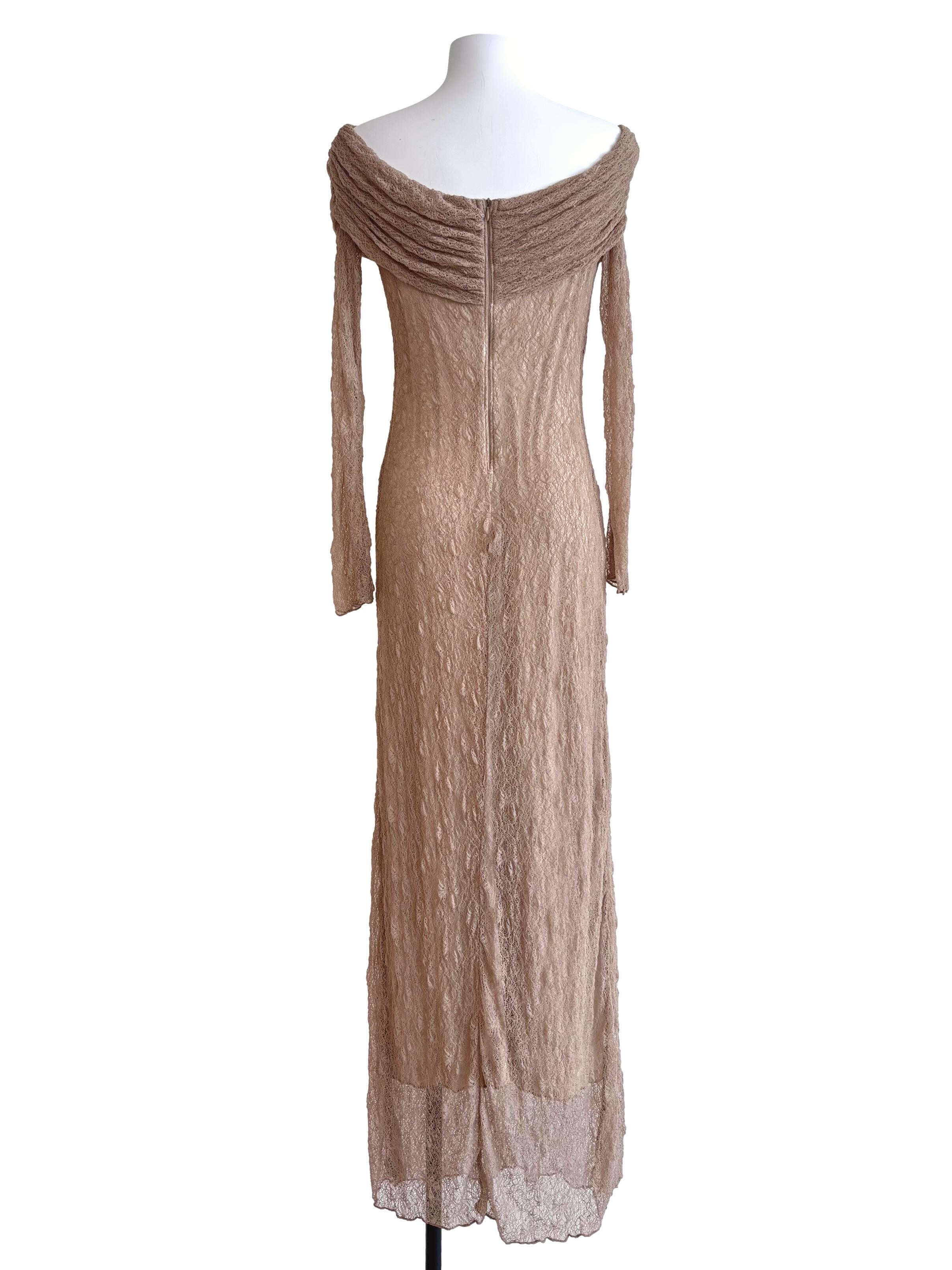 Peanut Brown Lace Wide Shoulder Dress