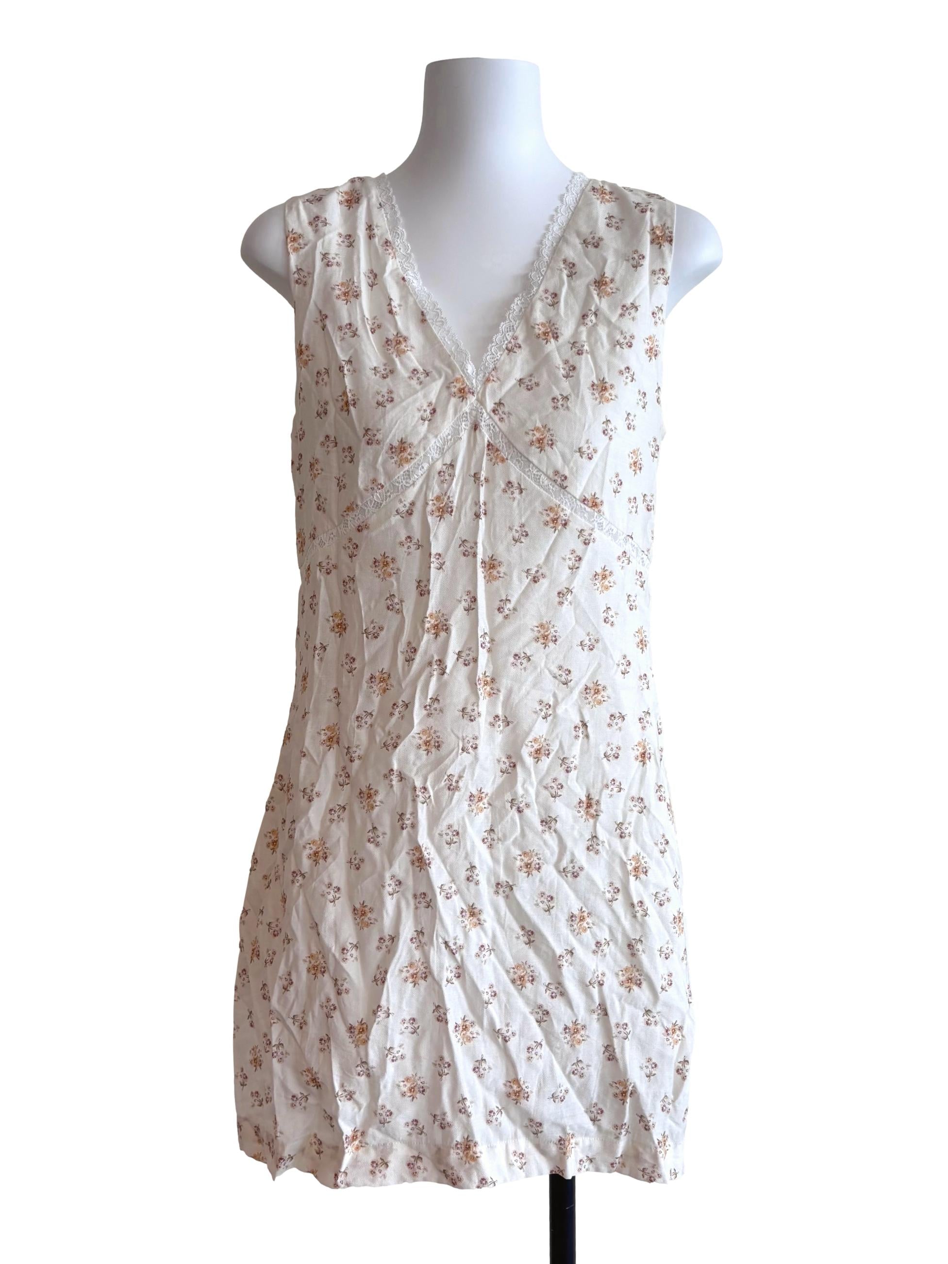 Cream White Floral V Neck Lace Hem Dress