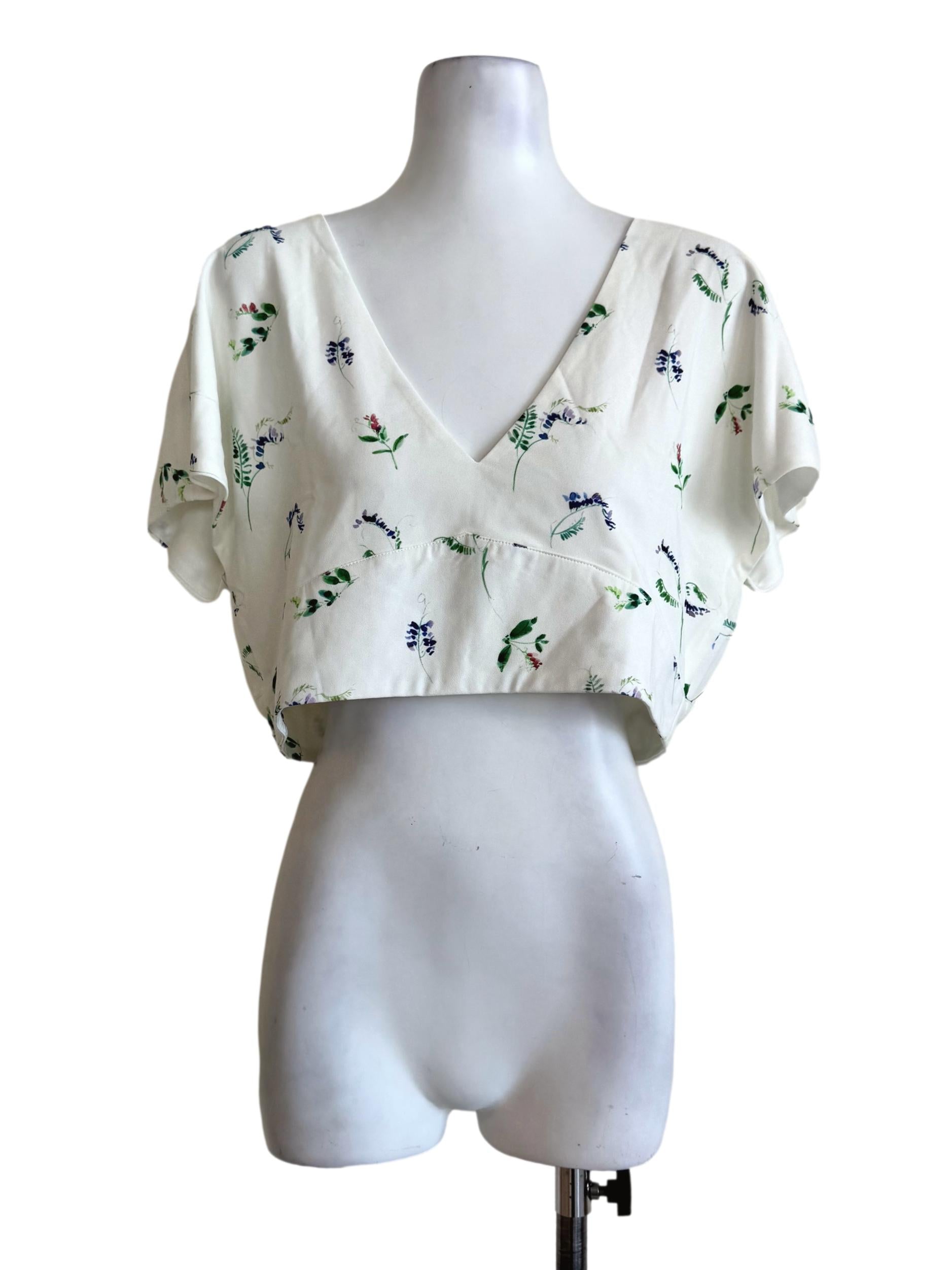 Milk White With Floral Prints V Neck Crop Top