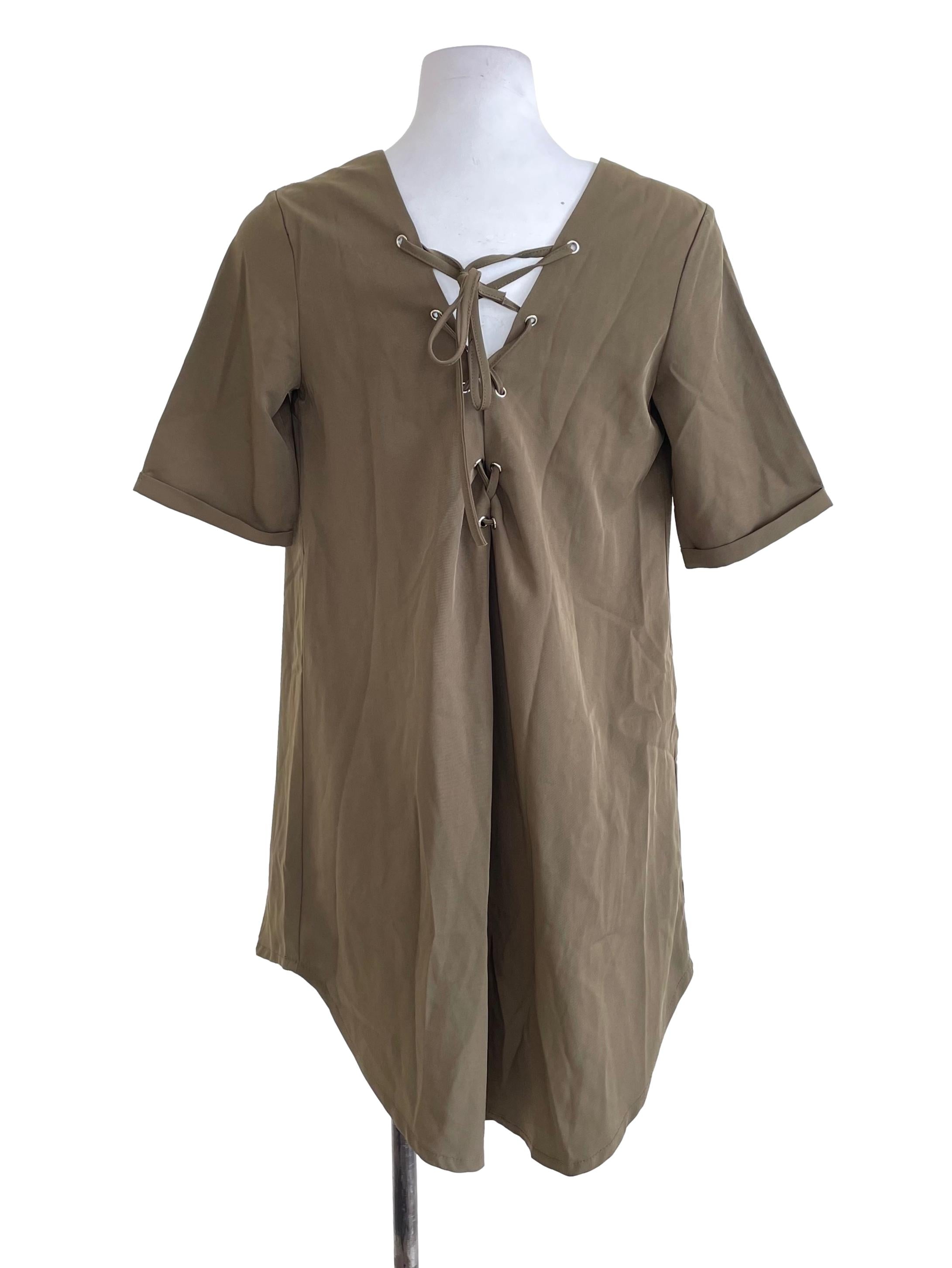 Young Hungry Free Mud Green Short Sleeves Dress | REFASH