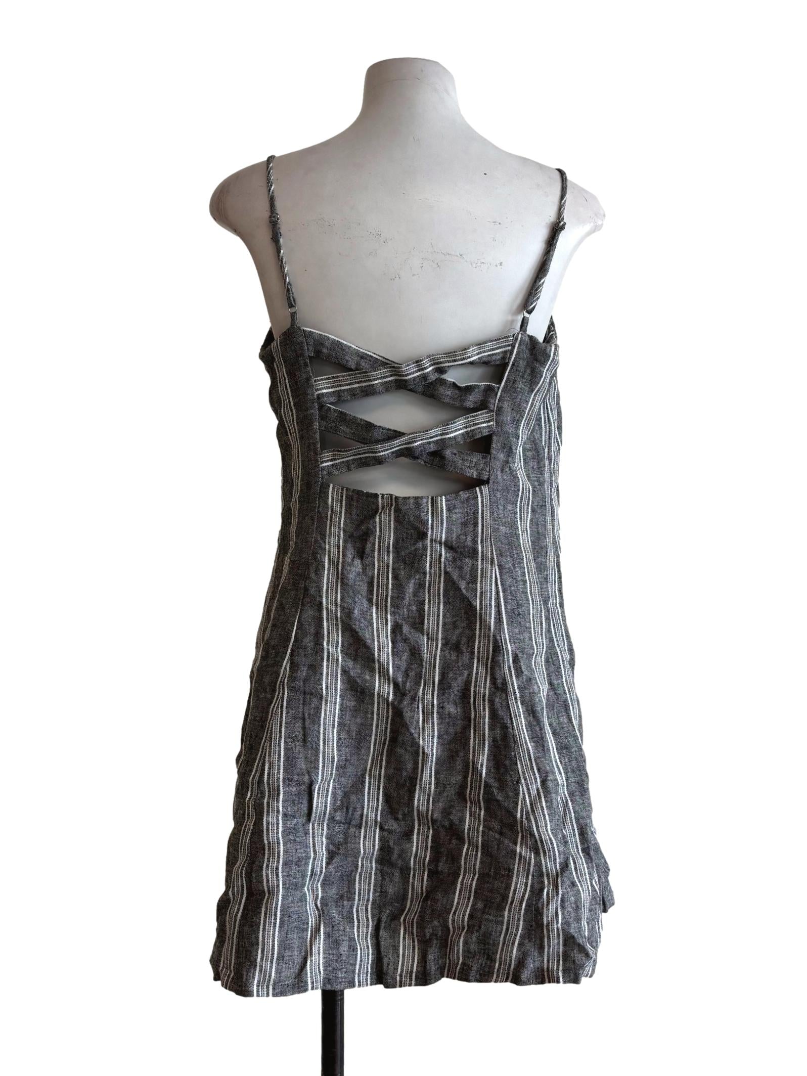 Grey Striped Spaghetti Strap Cotton Dress TEM