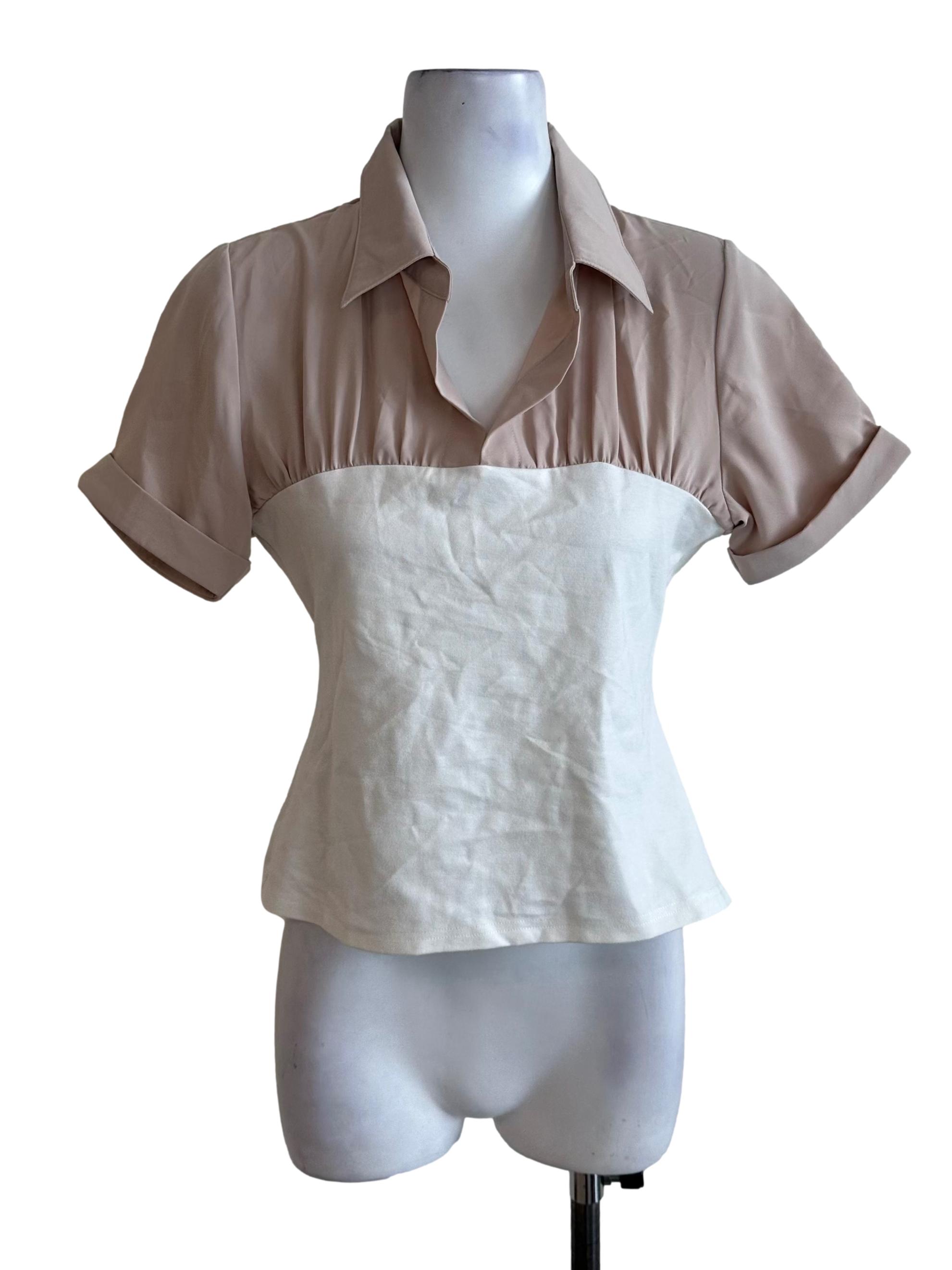 Beige White Collar Fitted Top