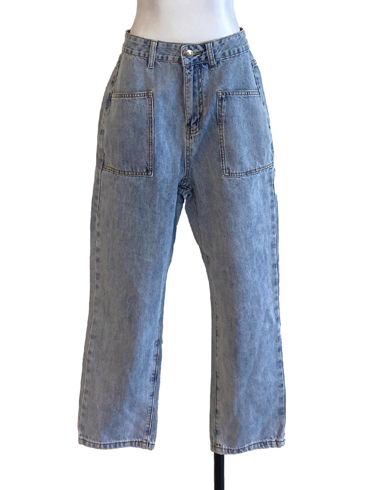 Light Denim Blue Buttoned Waist Straight Jeans