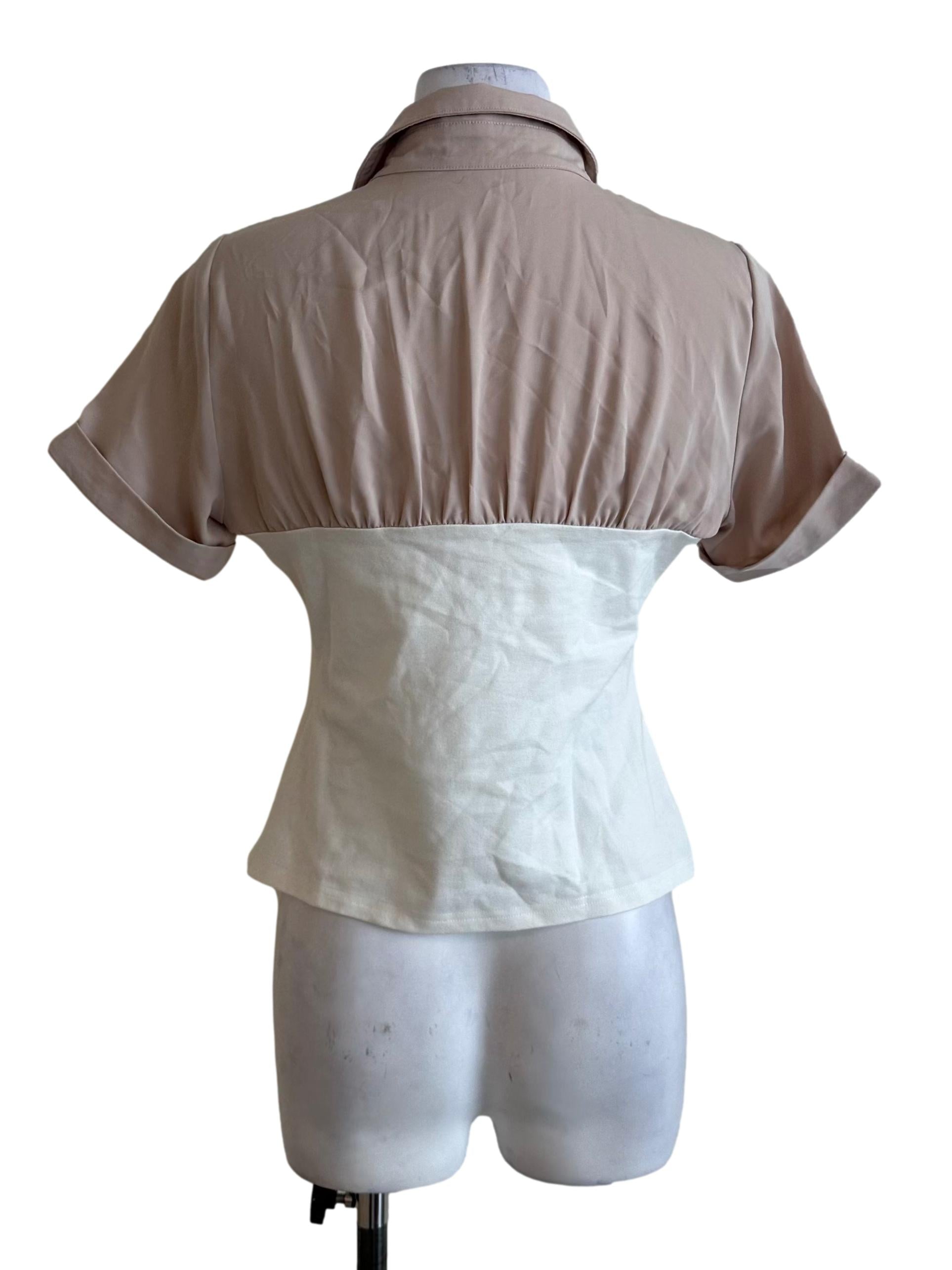 Beige White Collar Fitted Top