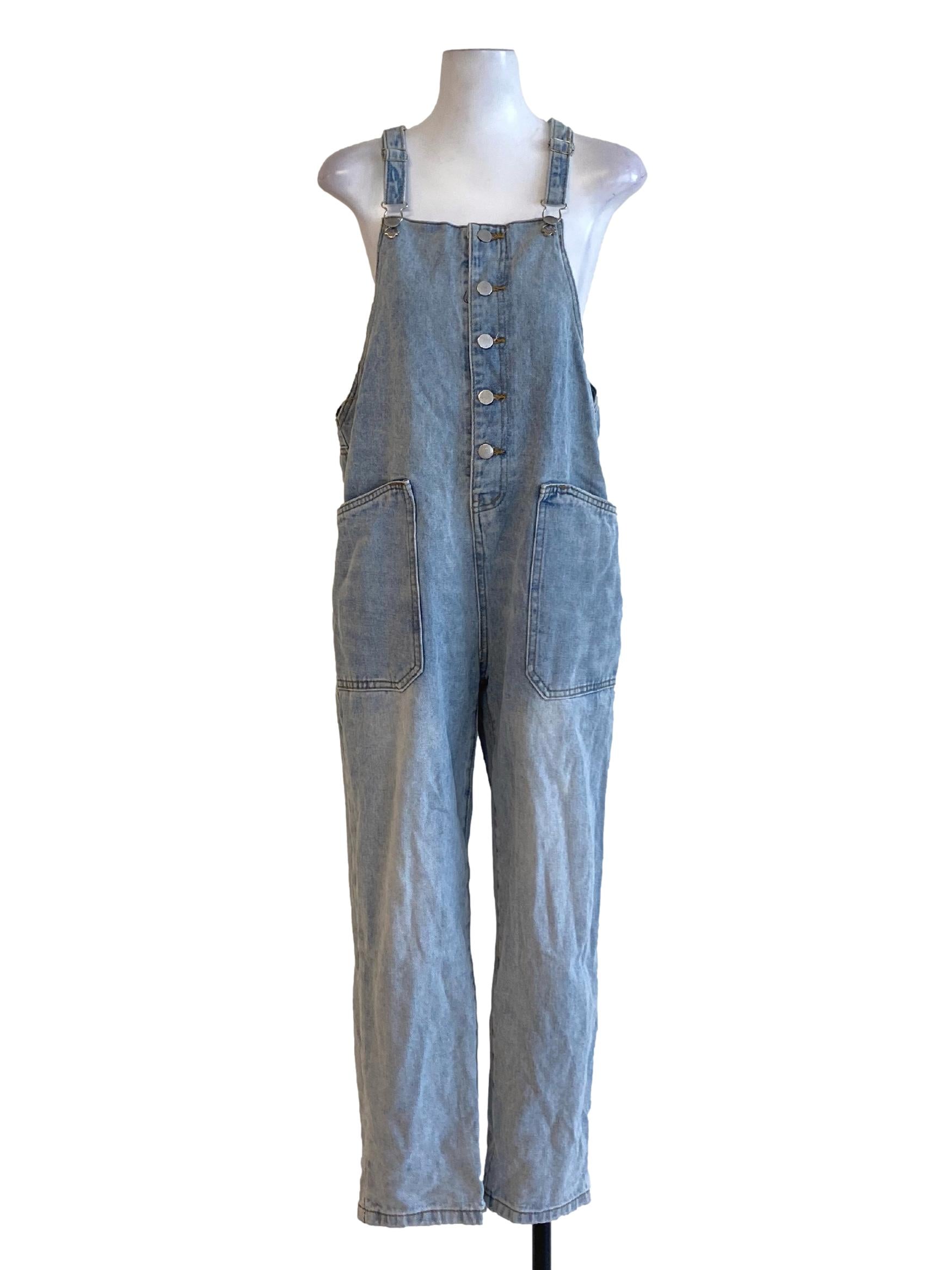 Dusty Denim Blue Buttoned Down Square Neck Apron Jumpsuit TTR