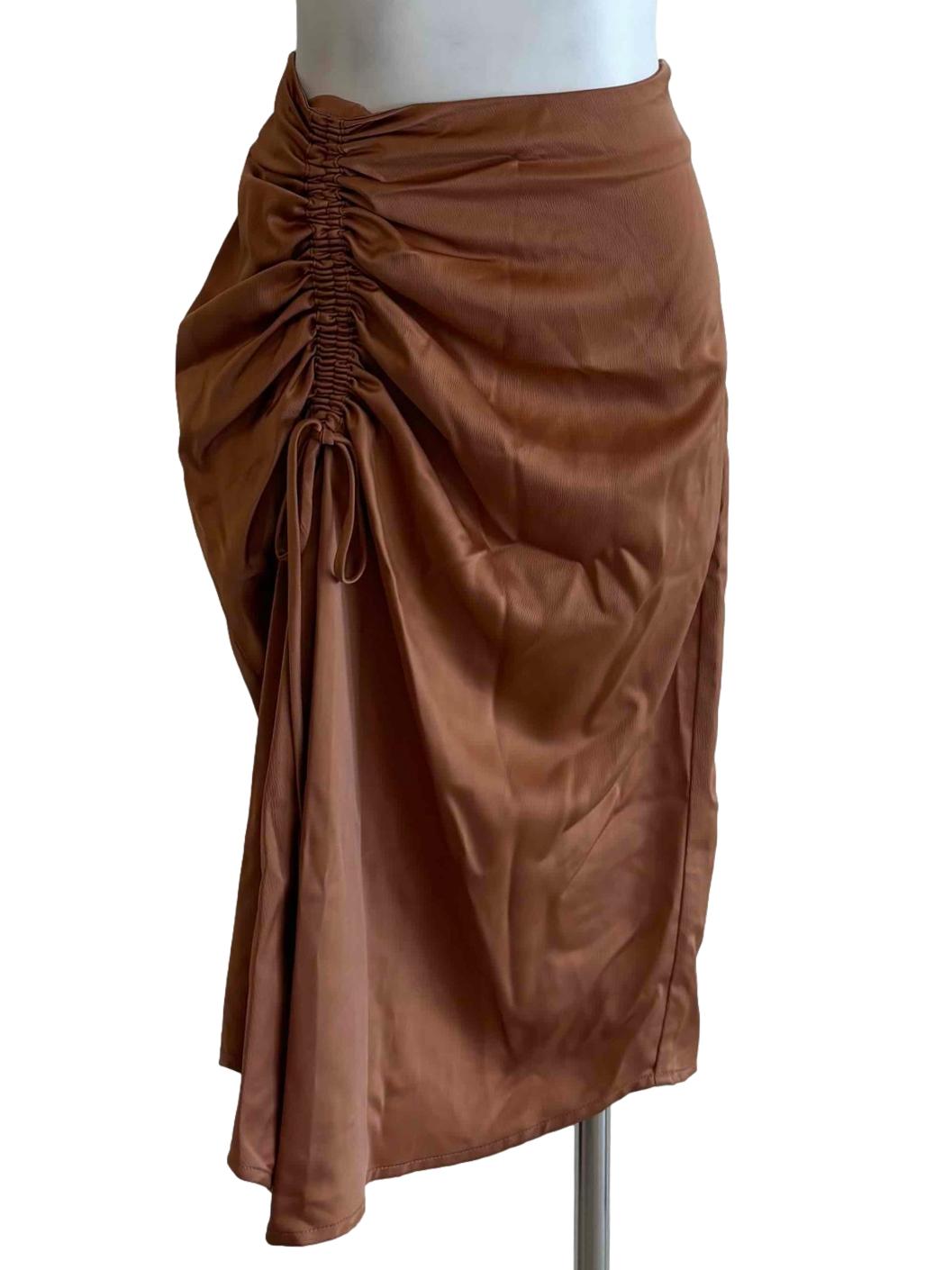 Copper Brown Ruched Satin Skirt