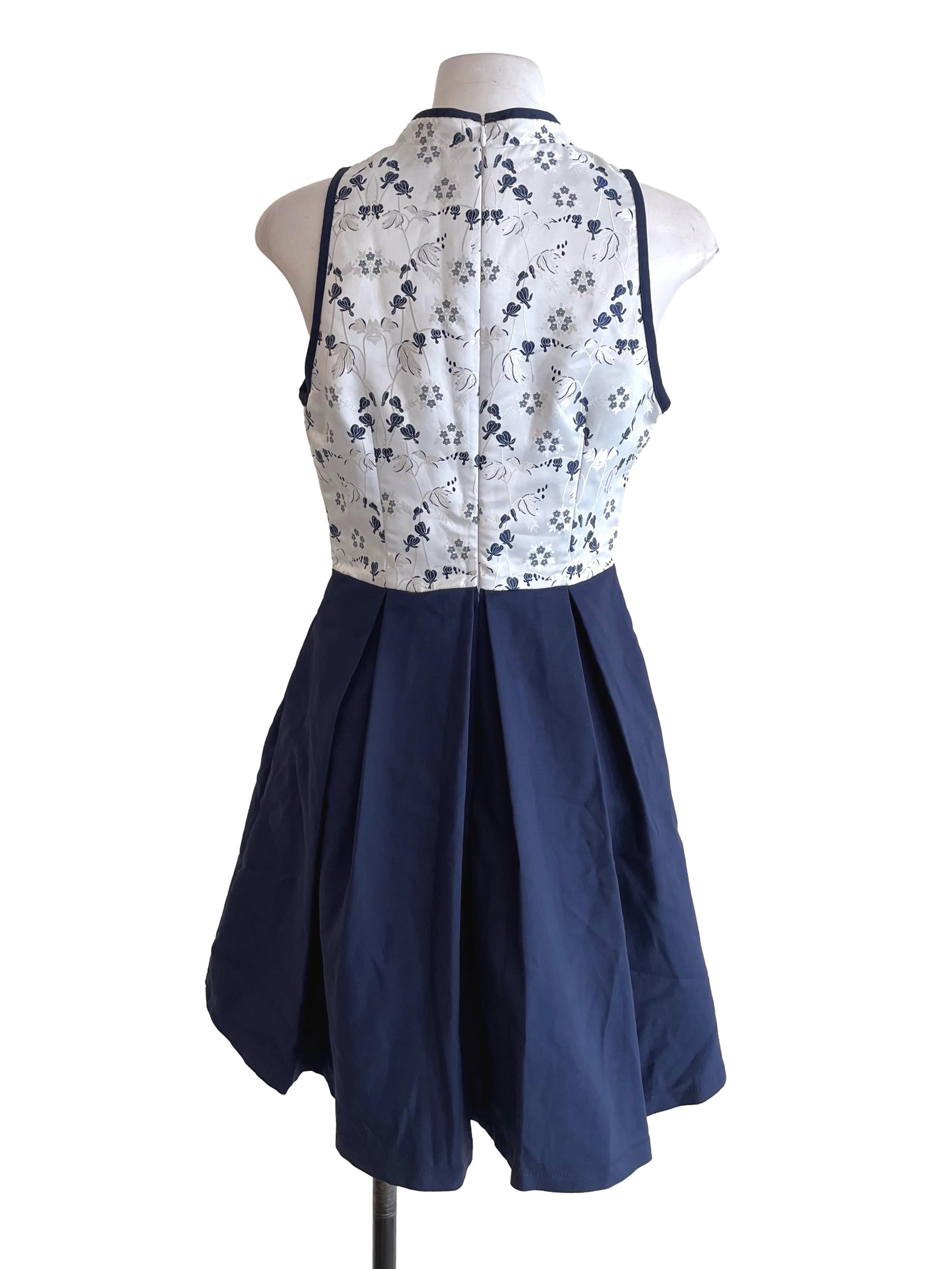 Navy Box Pleated Cheongsam Dress