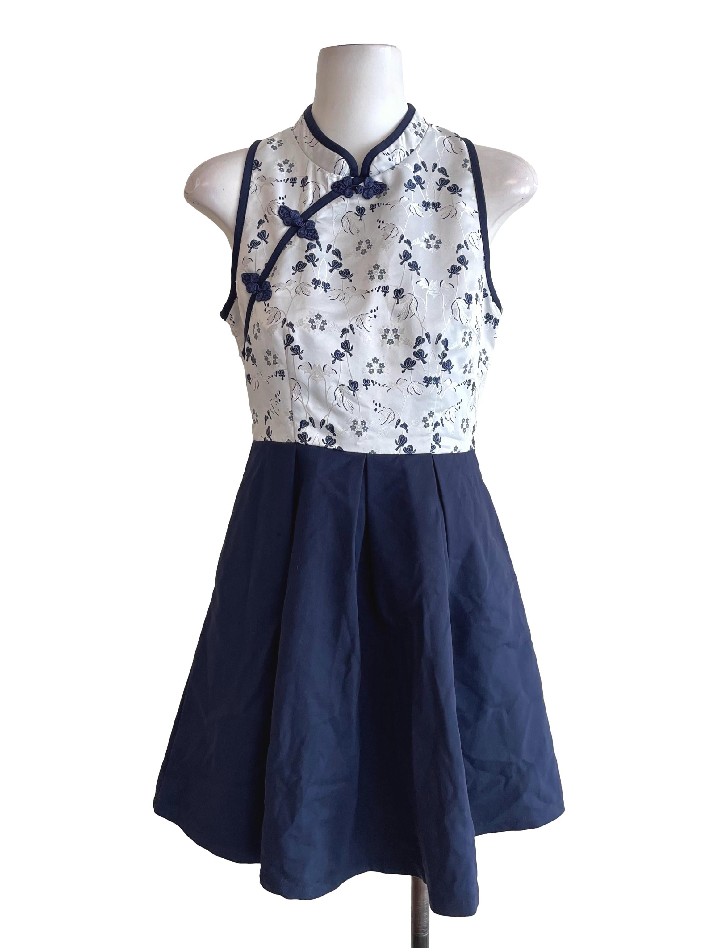Navy Box Pleated Cheongsam Dress