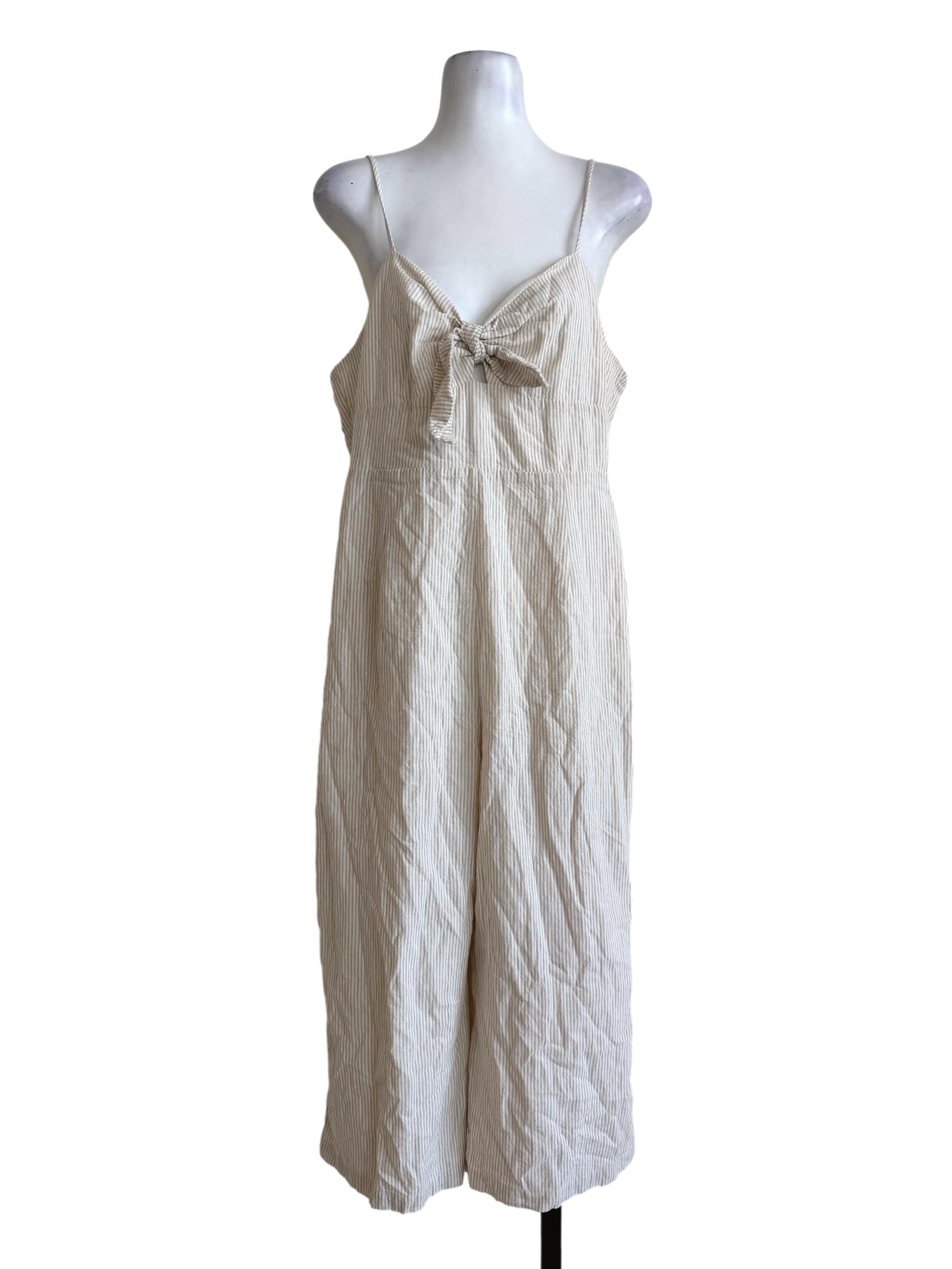 Beige Stripes Front Bow Jumpsuit