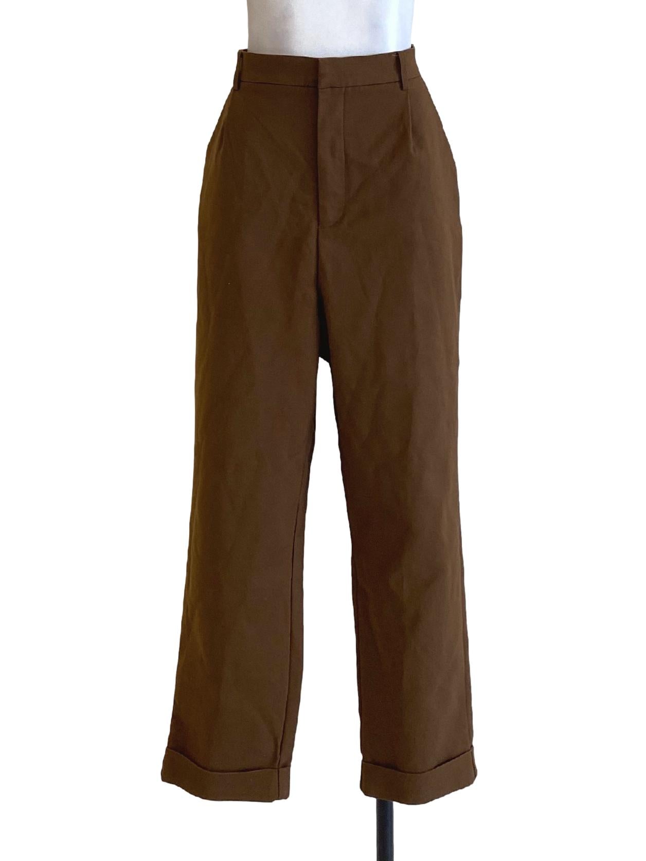 Brunette Brown Buttoned Waist Slim Tailored Pants LB