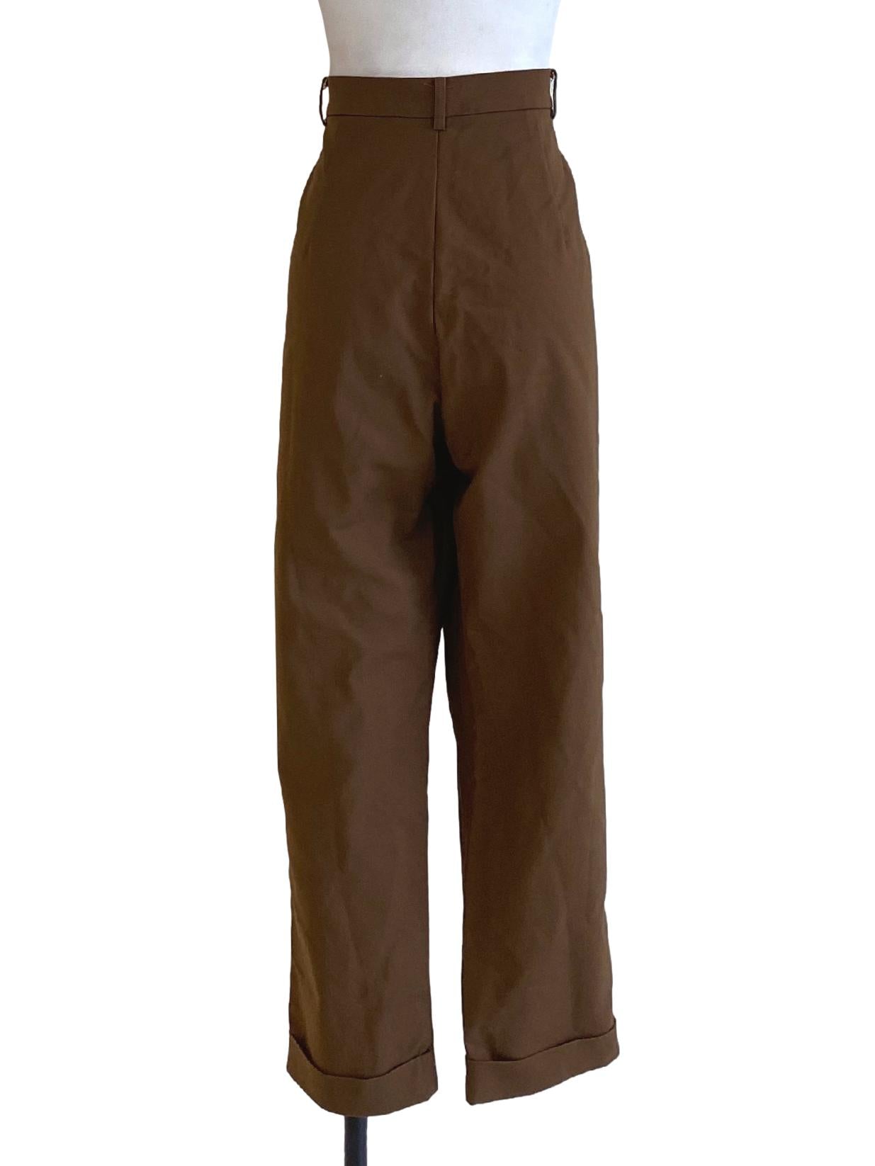 Brunette Brown Buttoned Waist Slim Tailored Pants LB