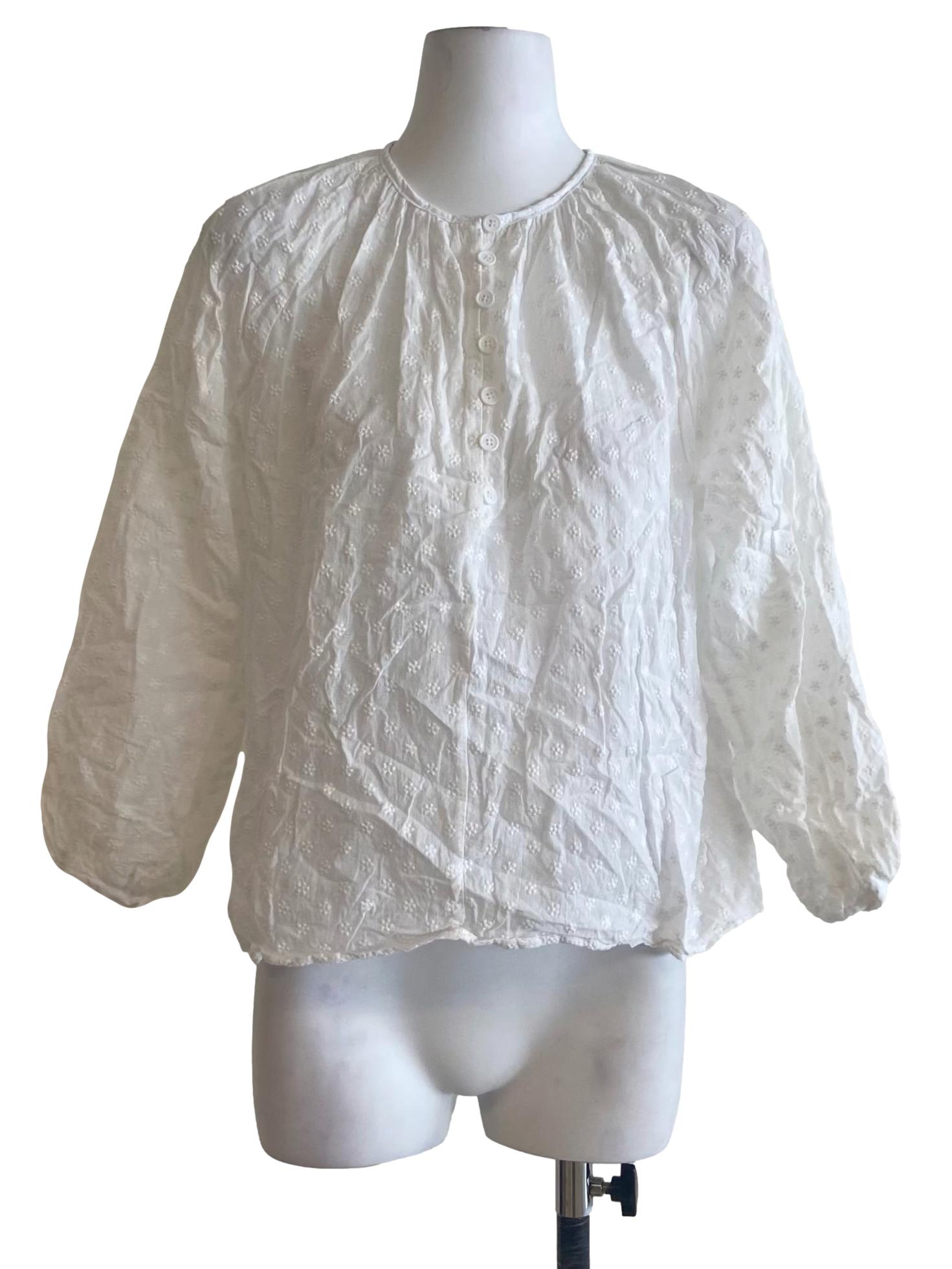 White Half Button Floral Blouse