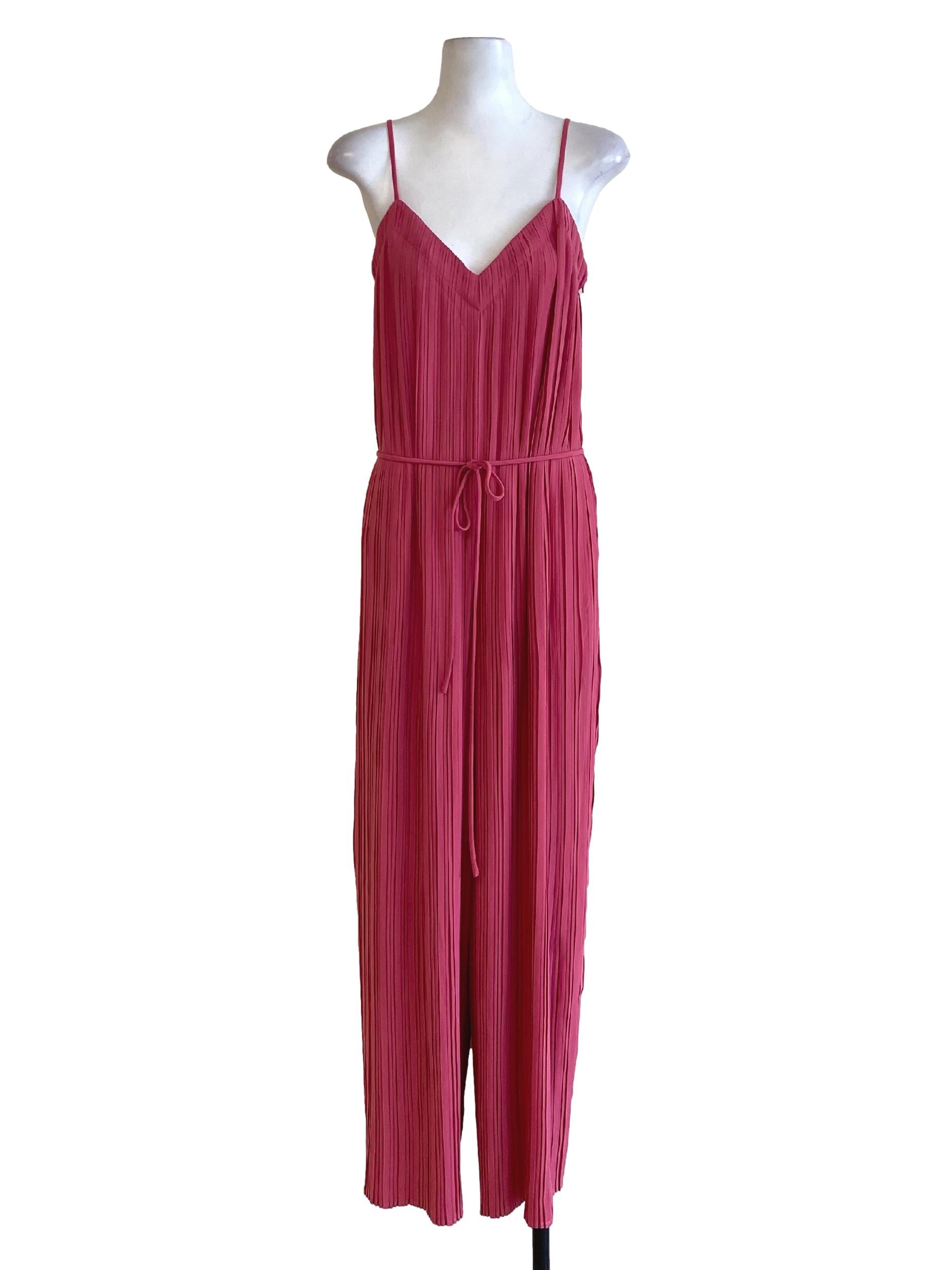 Bubblegum Pink Pleated Sweetheart Tie Waist Loose Jumpsuit LB