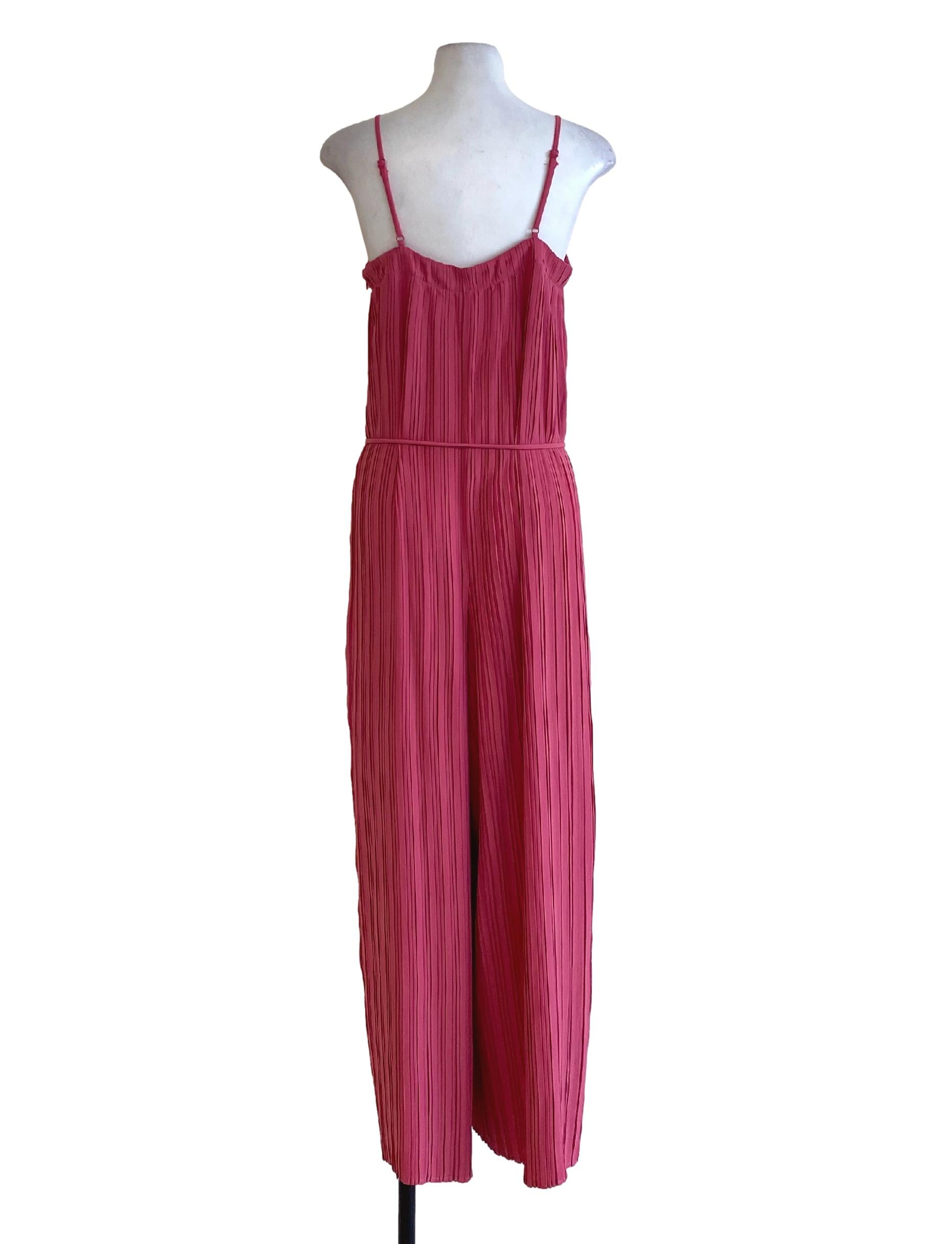 Bubblegum Pink Pleated Sweetheart Tie Waist Loose Jumpsuit LB