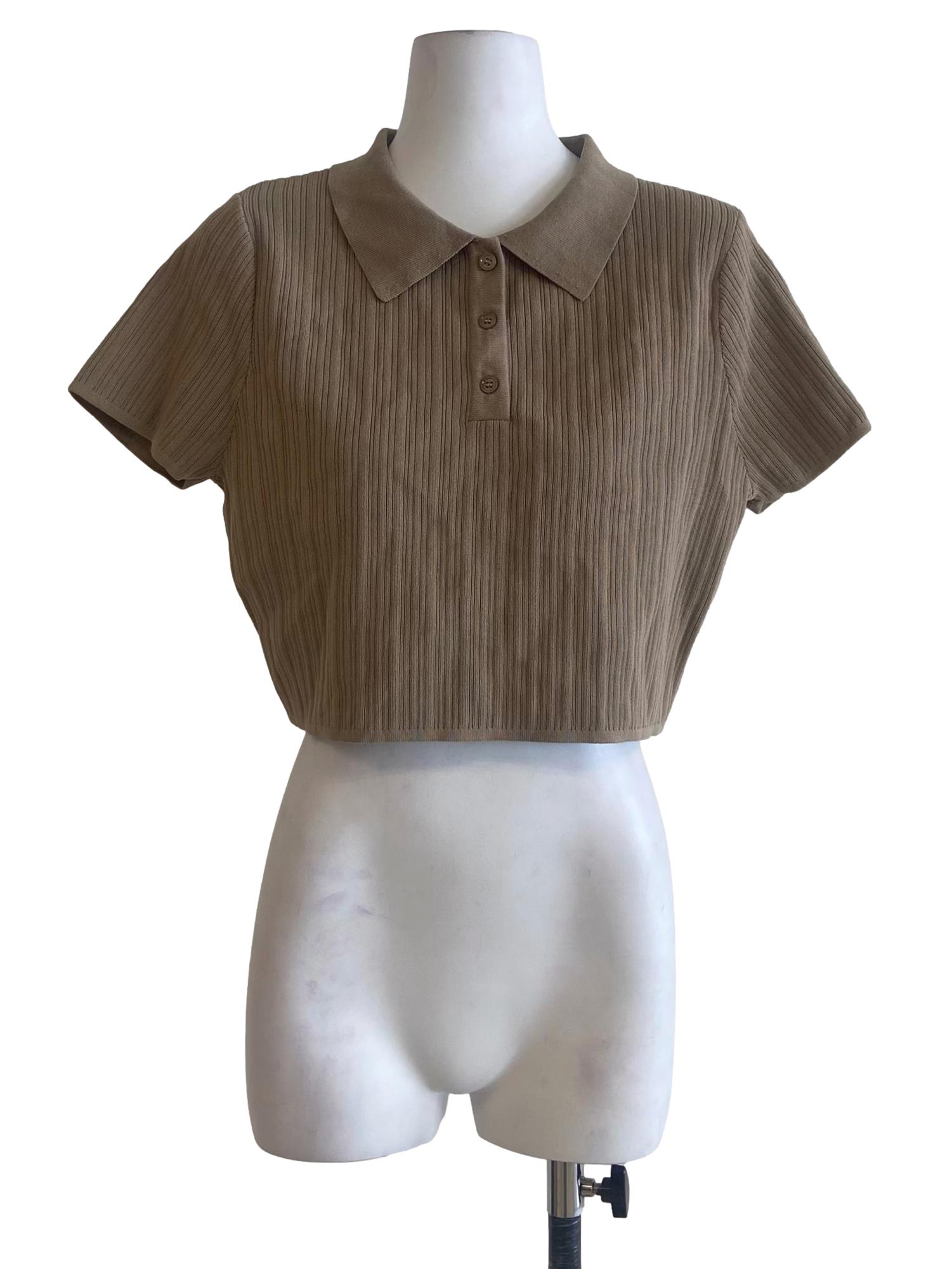 Peanut Brown Half Button Crop Blouse
