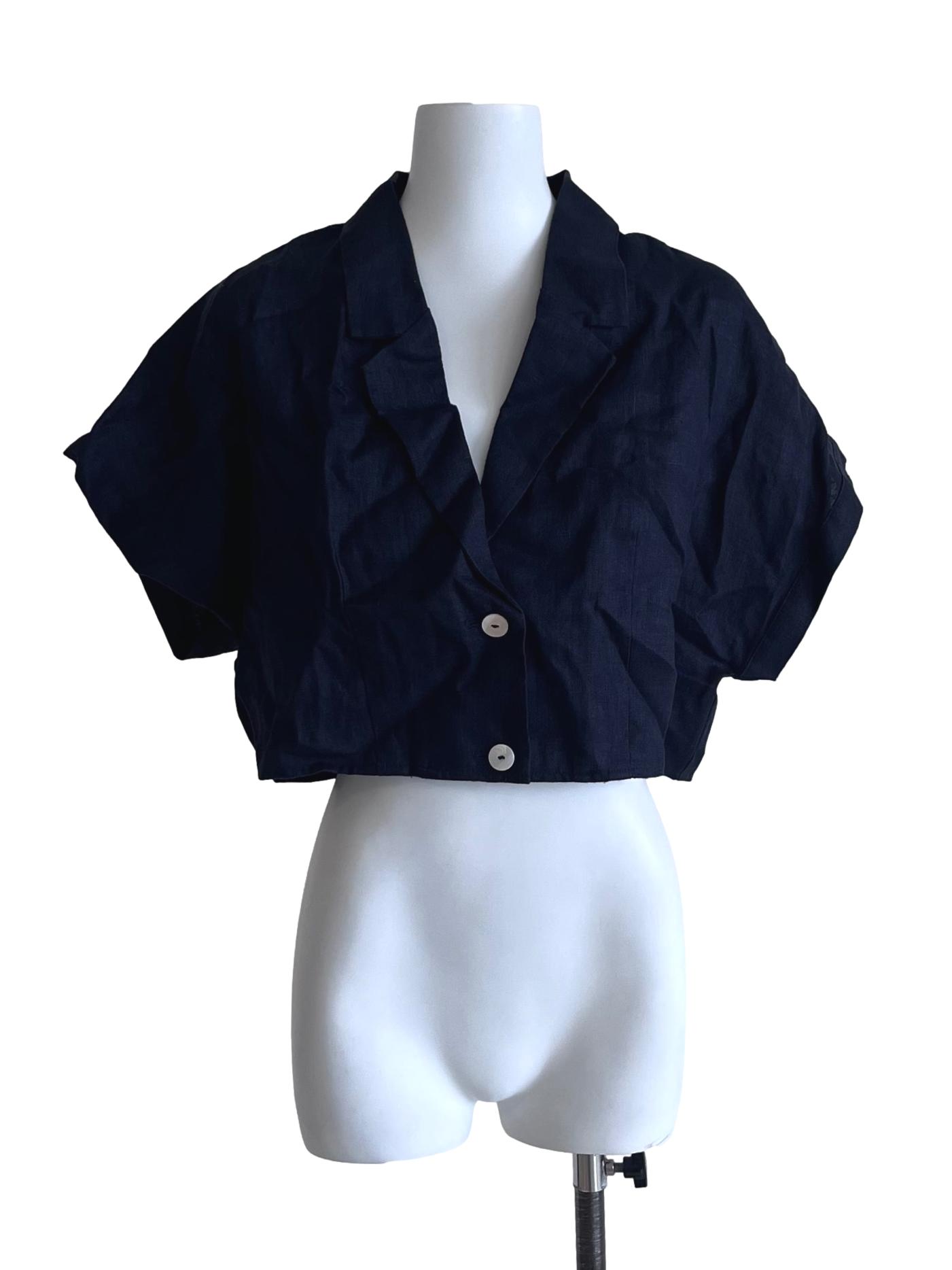 Navy Linen Crop Collared Top OSN
