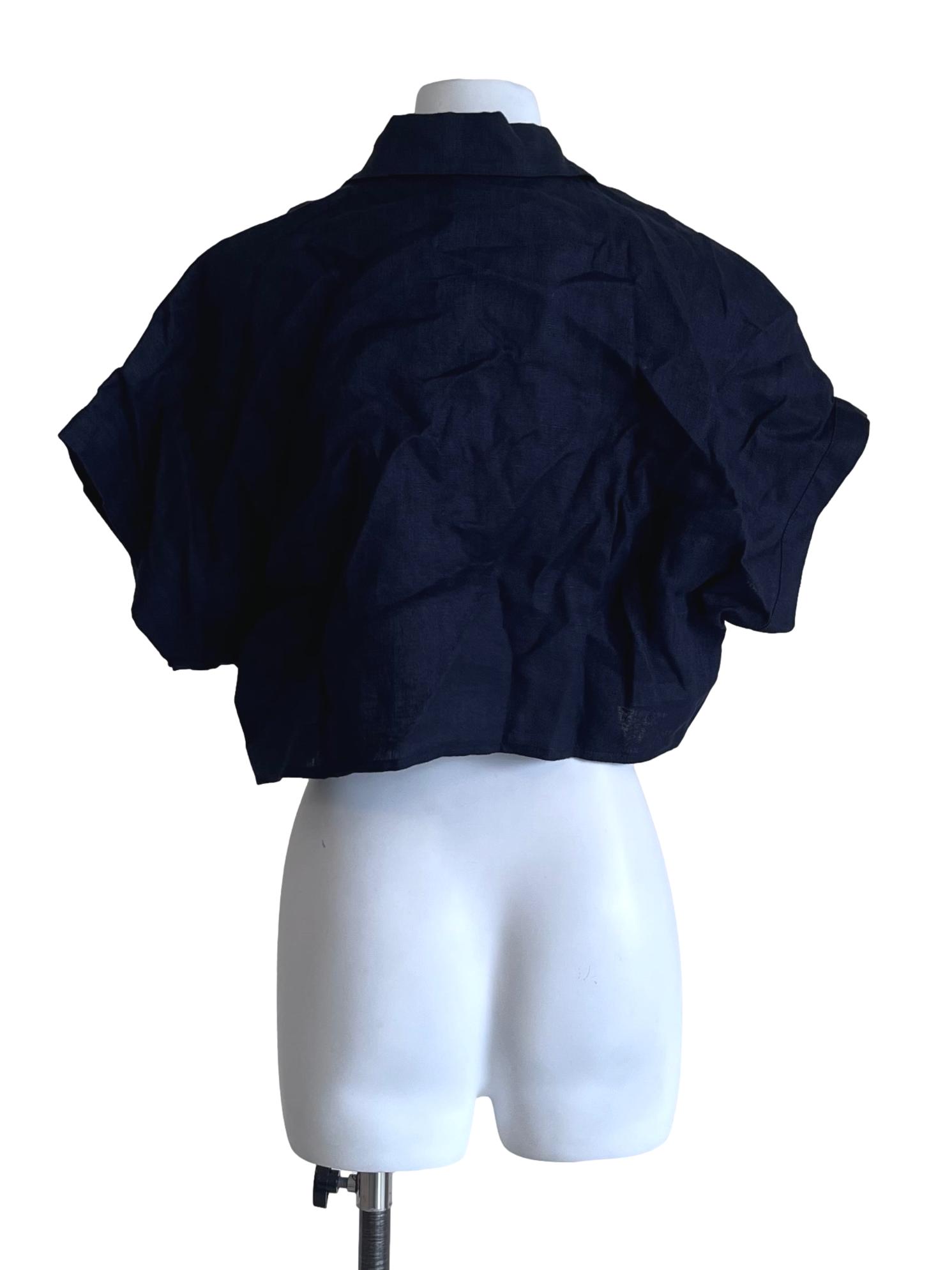 Navy Linen Crop Collared Top OSN