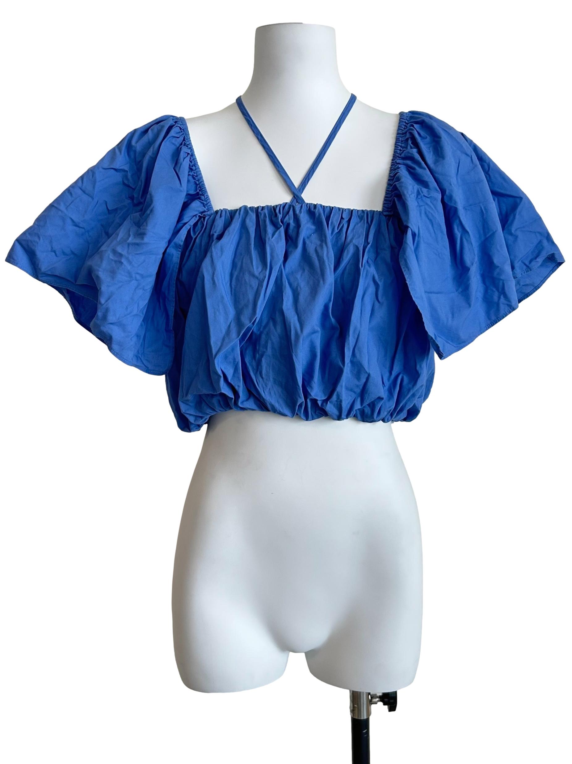 Royal Blue Halter Puff Sleeve Blouse