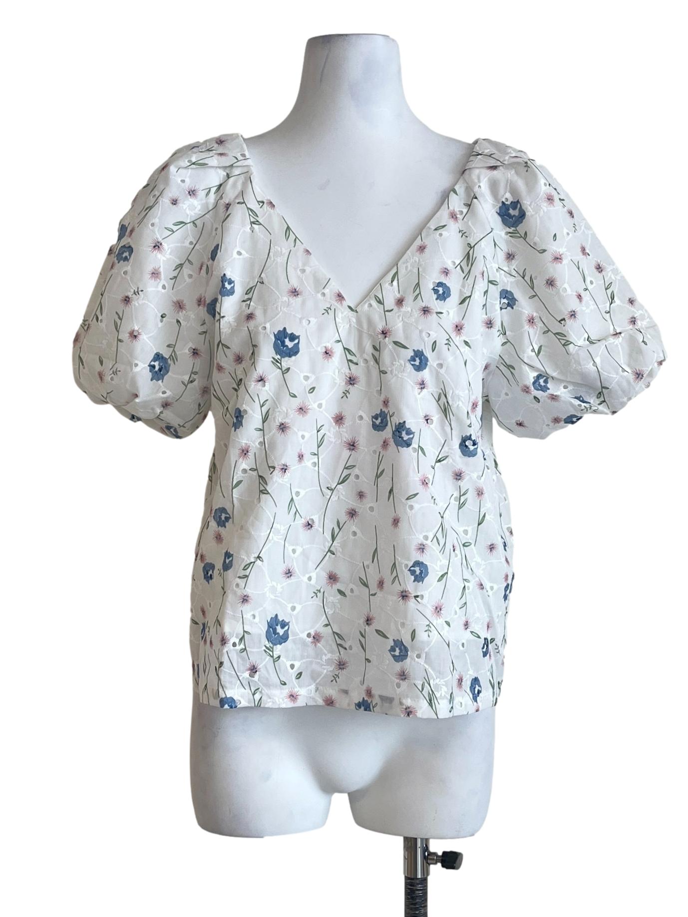 Cotton White Embroidered Puff Sleeve Top