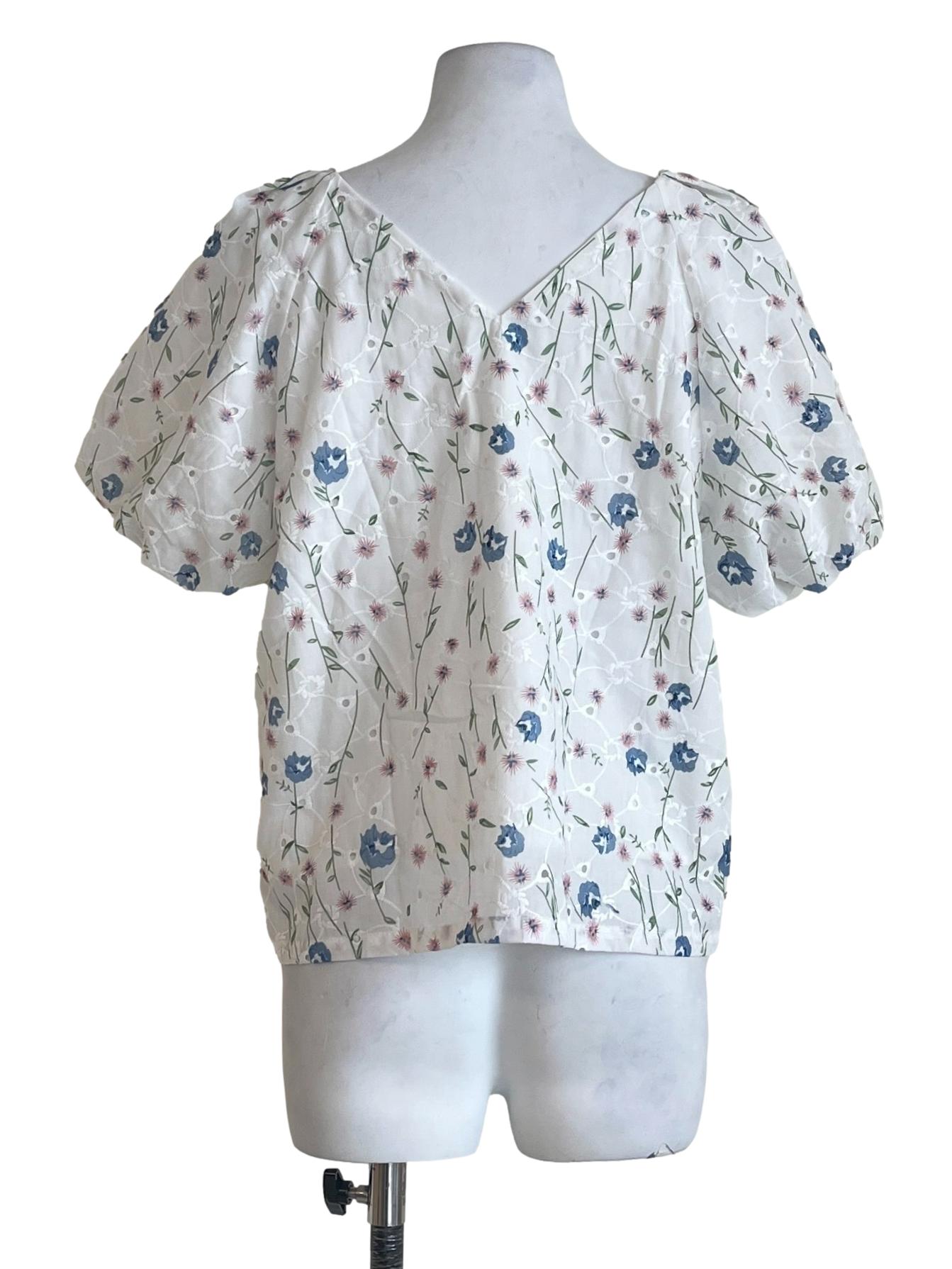 Cotton White Embroidered Puff Sleeve Top