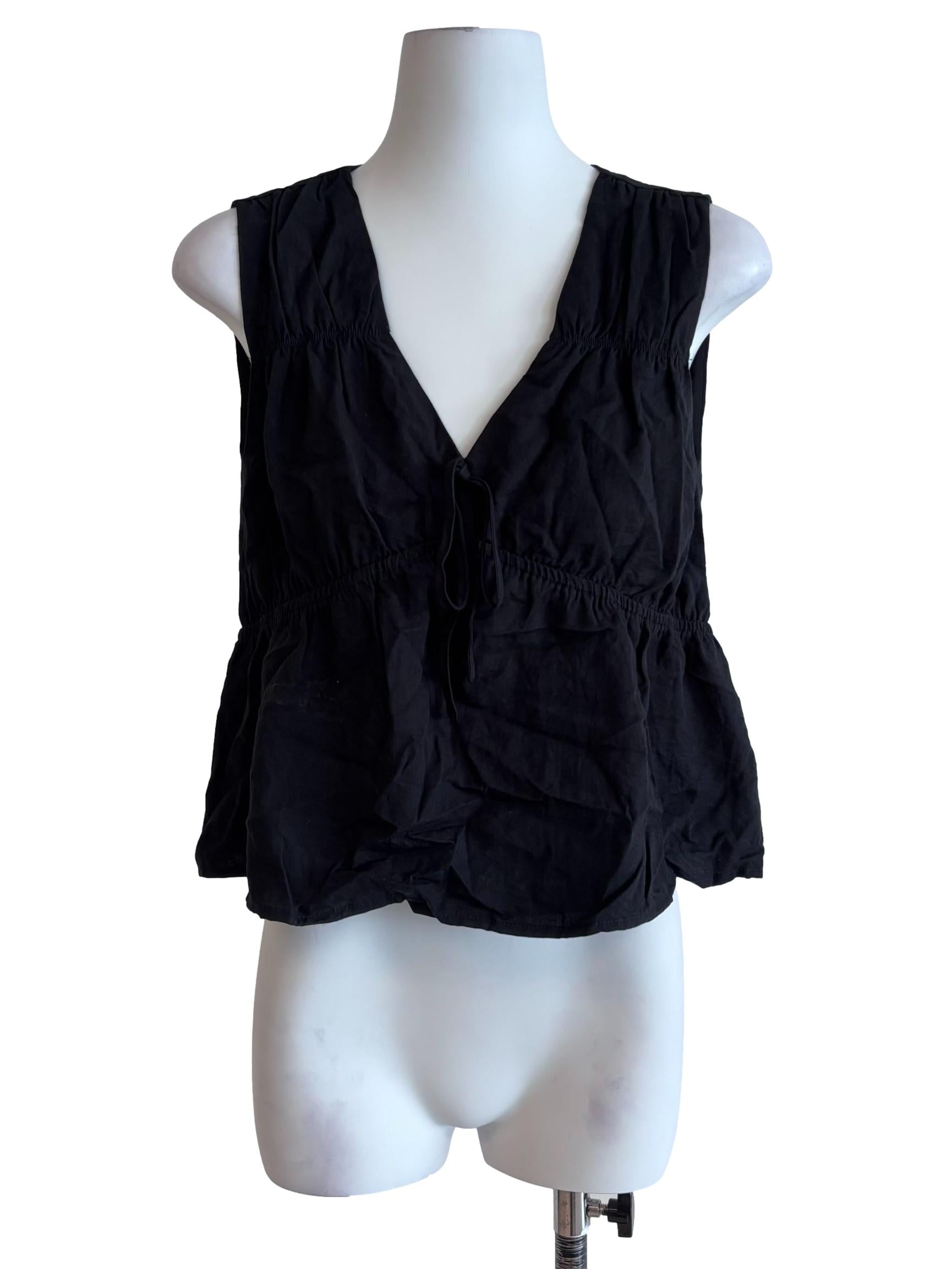 Onyx Black V Neck Shirred Sleeveless Top