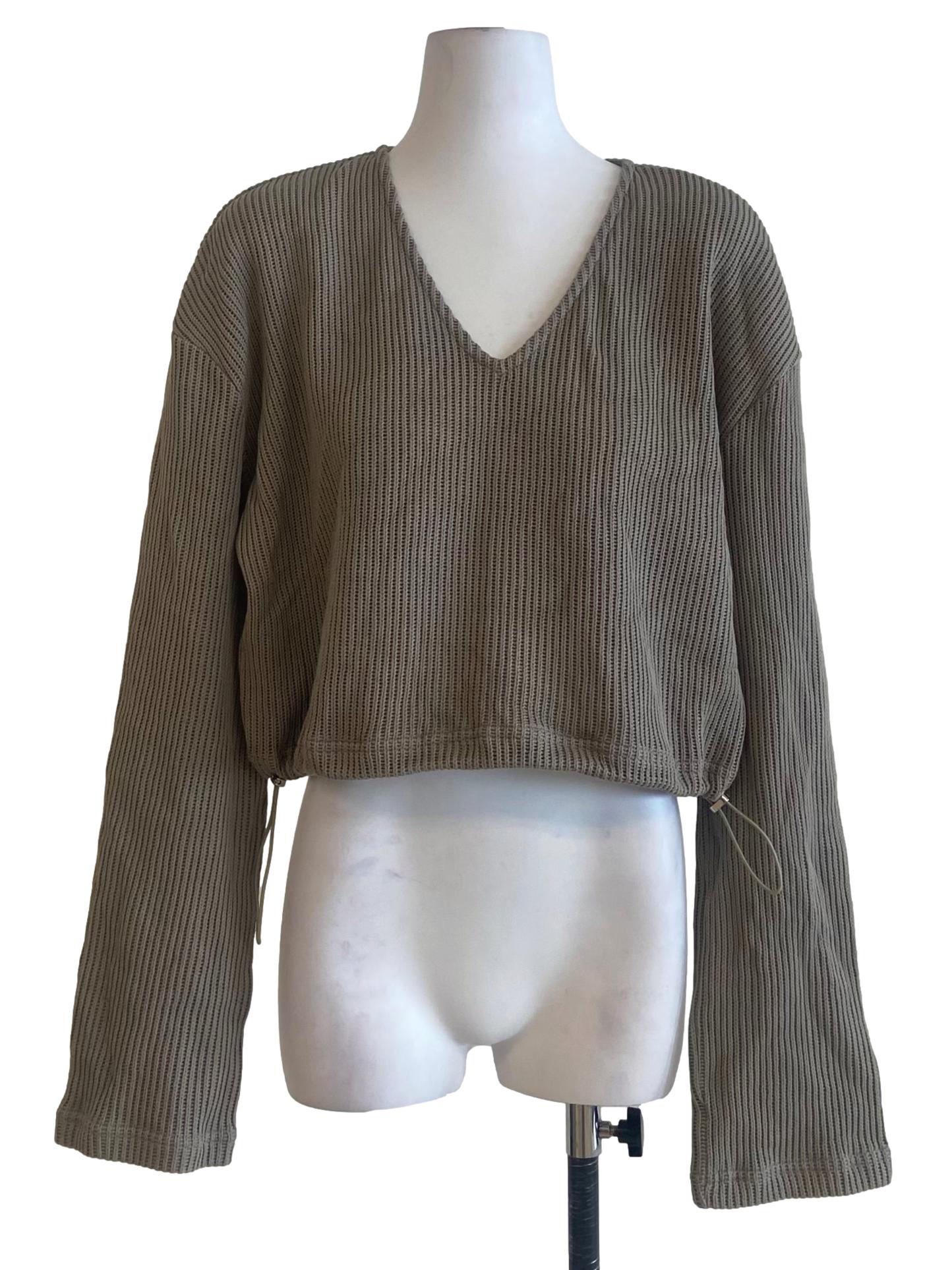 Sage Green V Neck Knitted Blouse