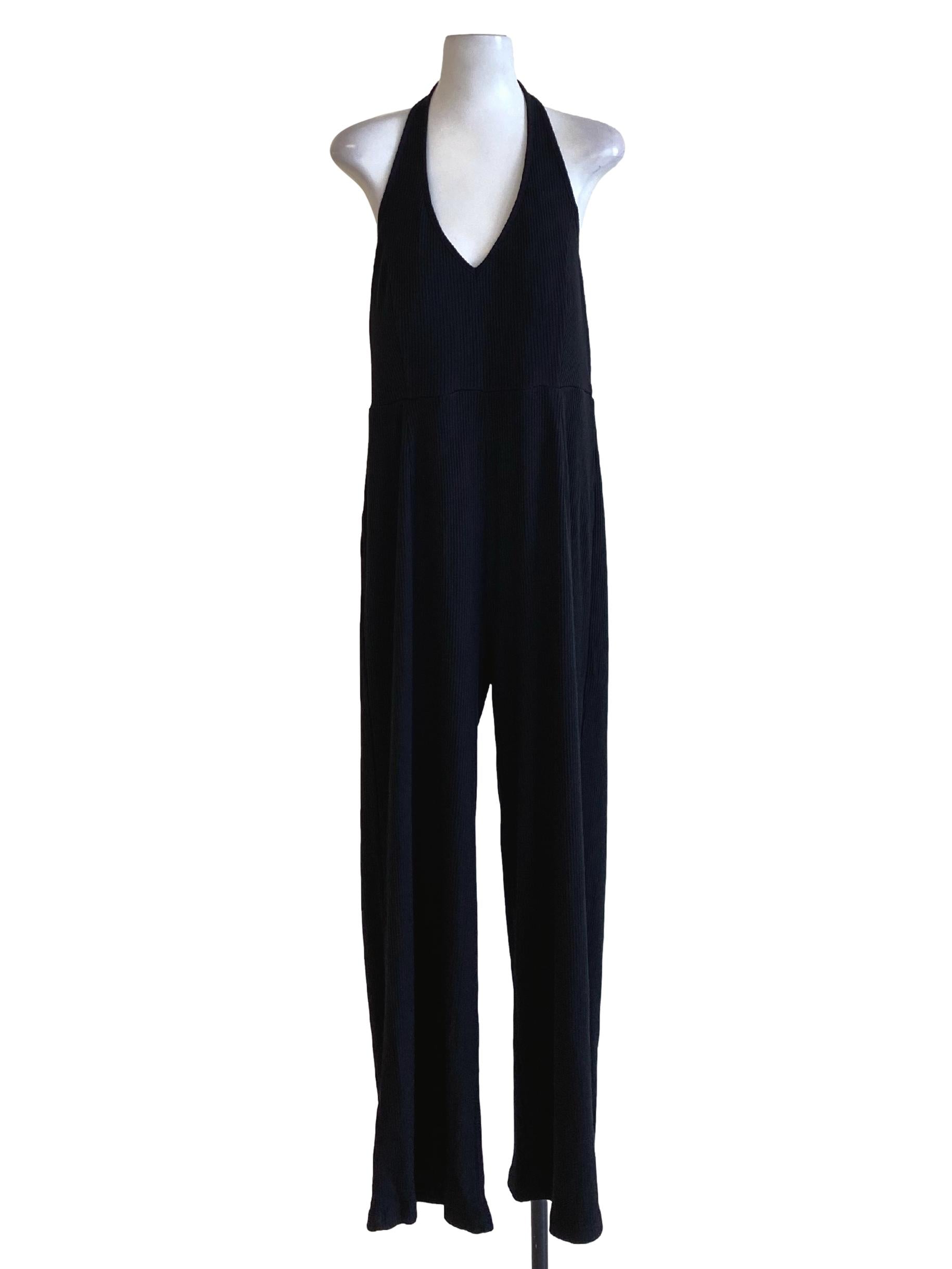 Rich Black Pleated Halter Neck Loose Jumpsuit