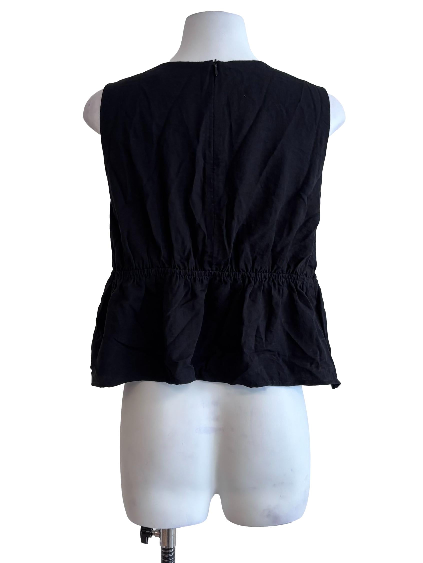 Onyx Black V Neck Shirred Sleeveless Top