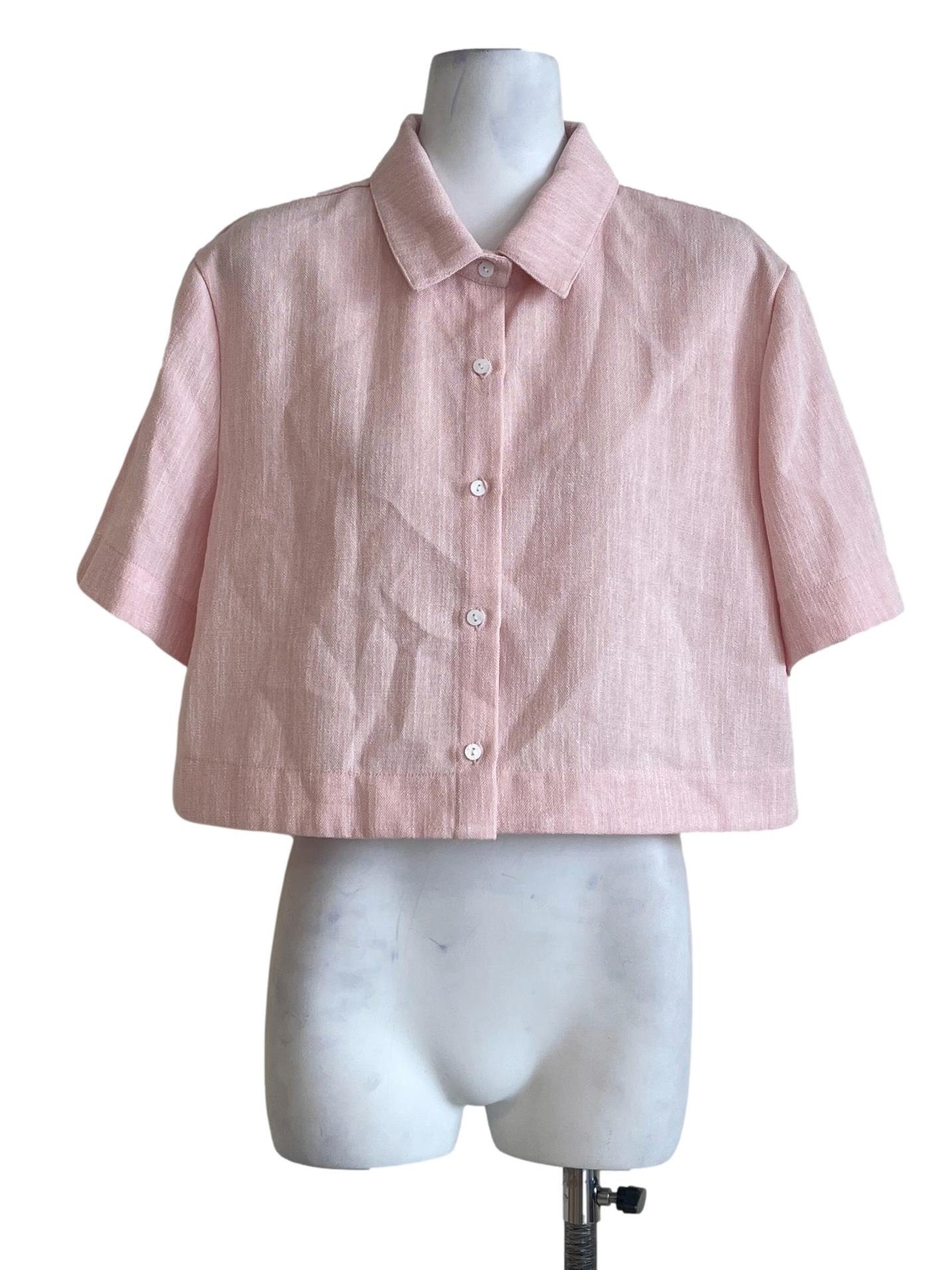 Flamingo Pink Button Down Short Sleeve Top