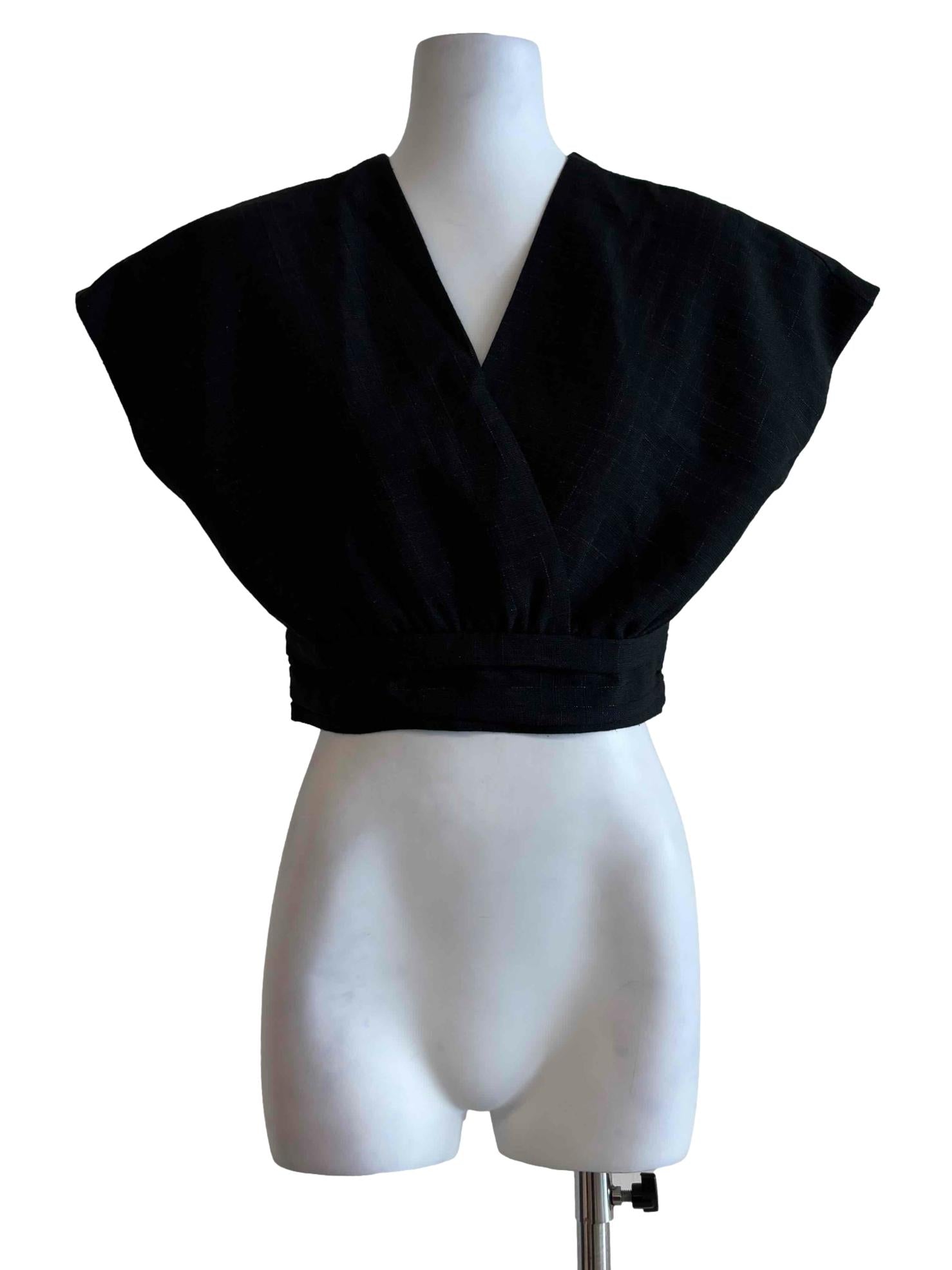 Black Linen Crop V-Neck Top