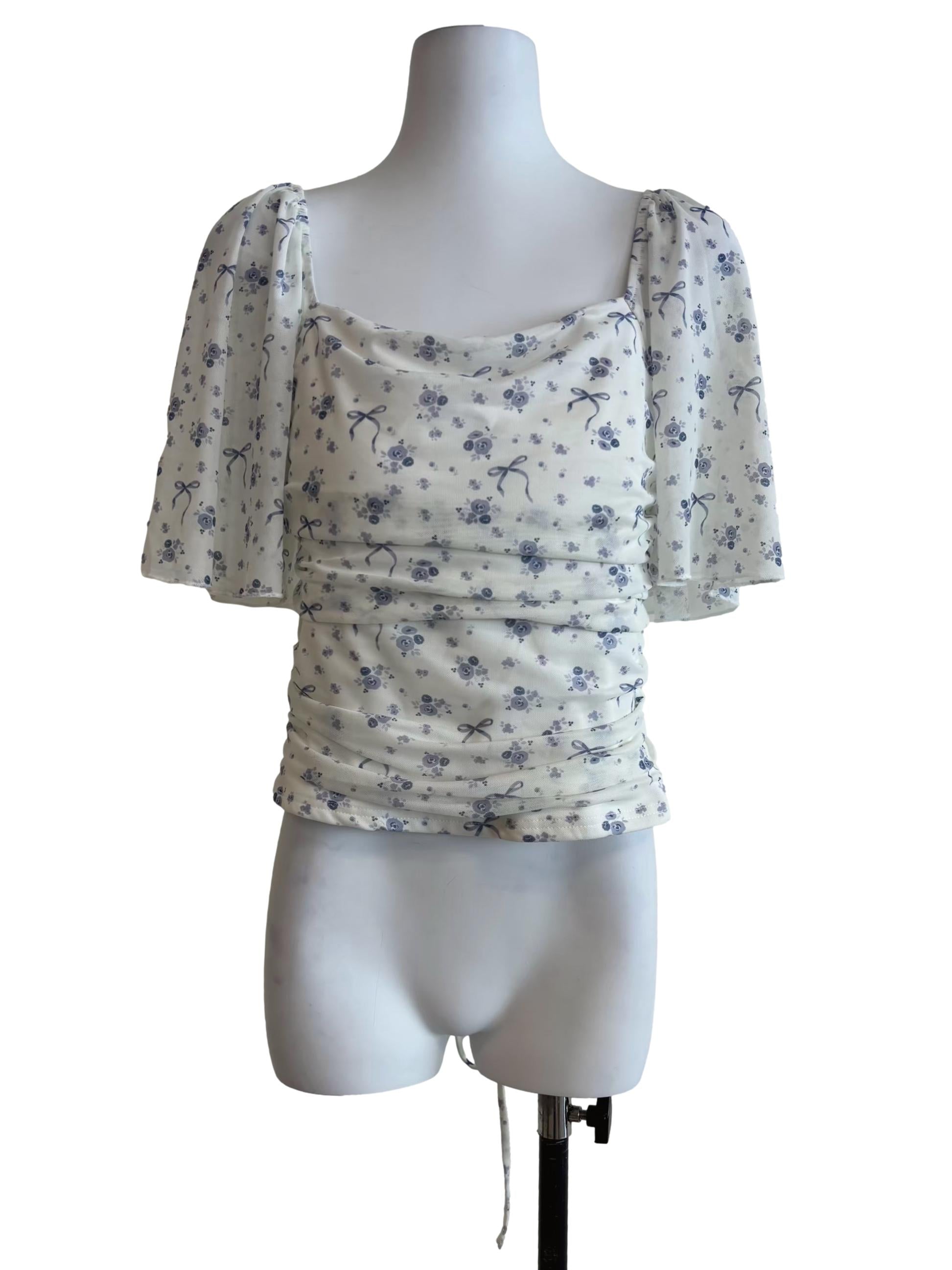 White Floral Patterned Lace-Up Back Top