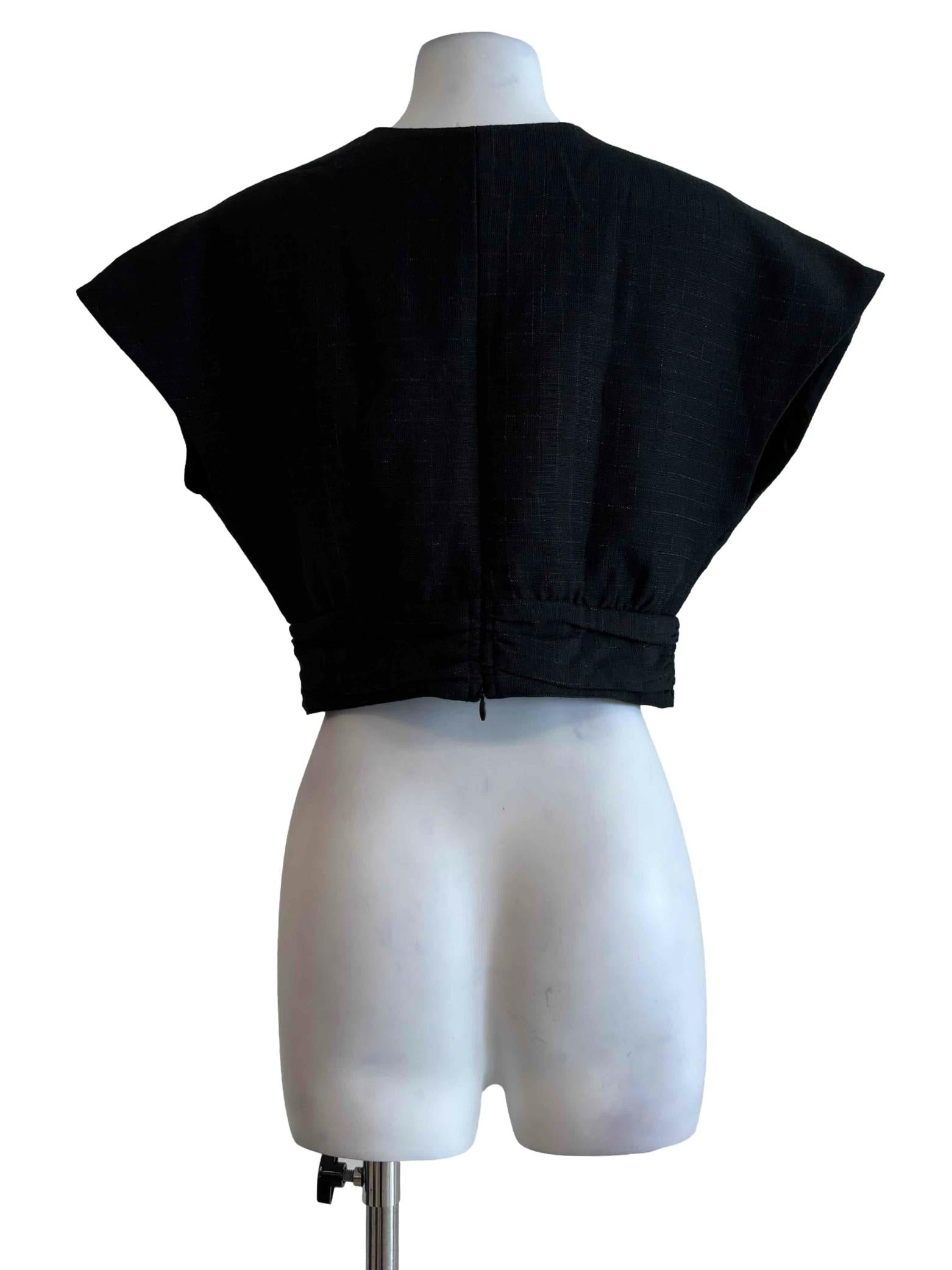 Black Linen Crop V-Neck Top
