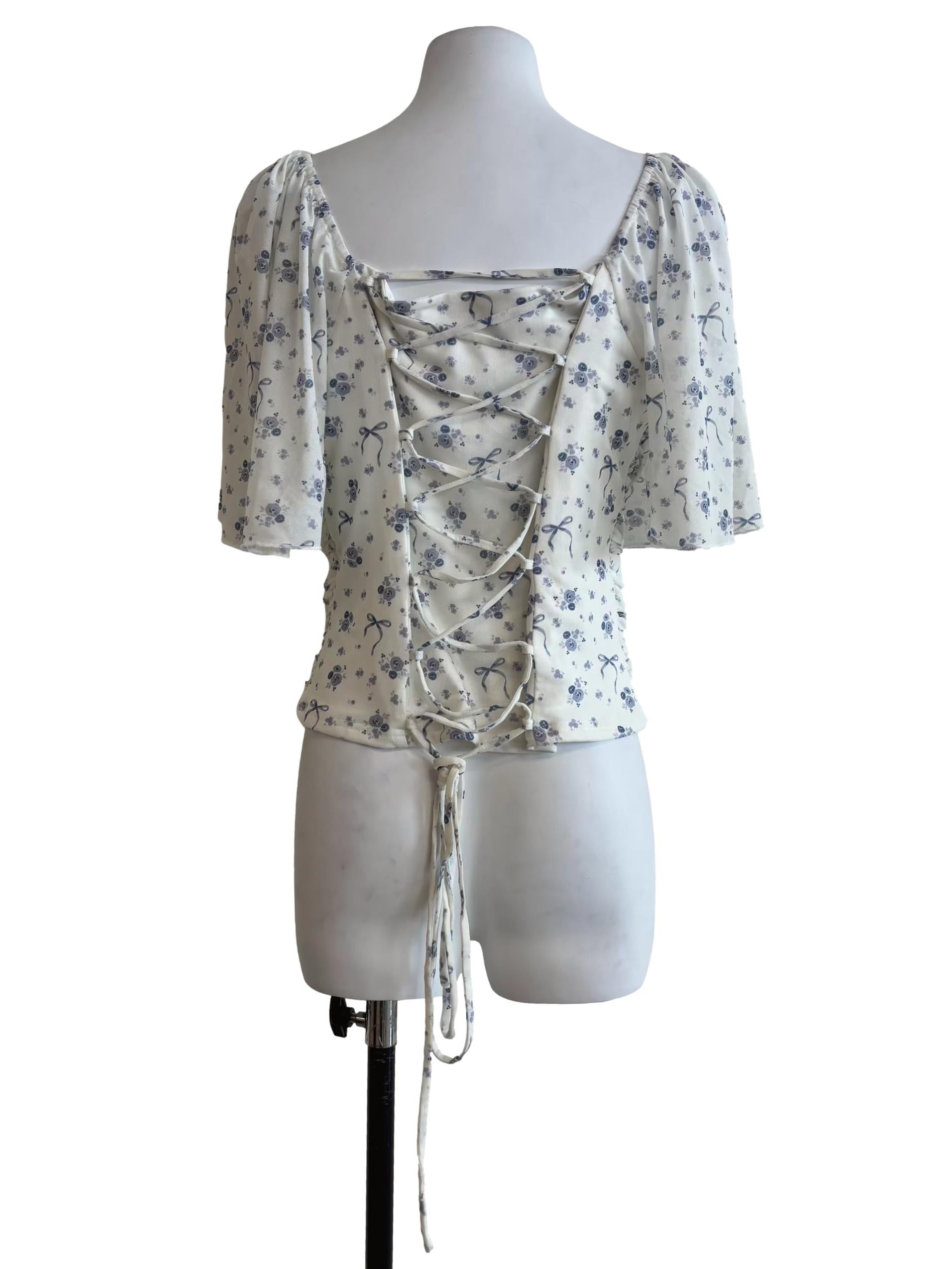 White Floral Patterned Lace-Up Back Top