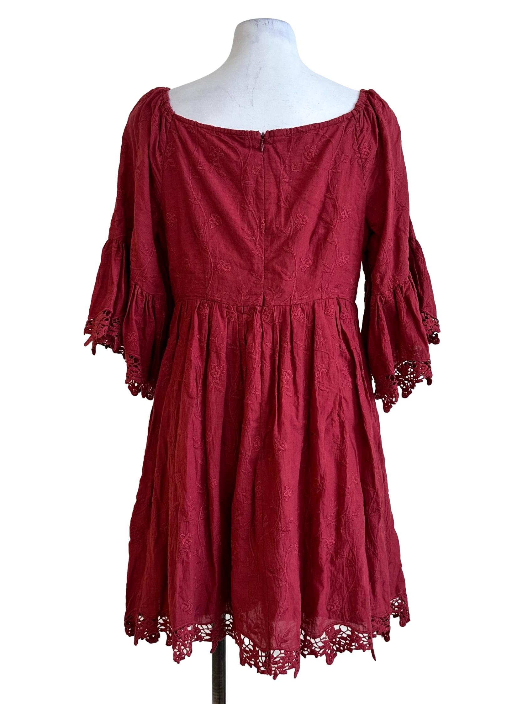 Crimson Red Flower Embroidered Dress