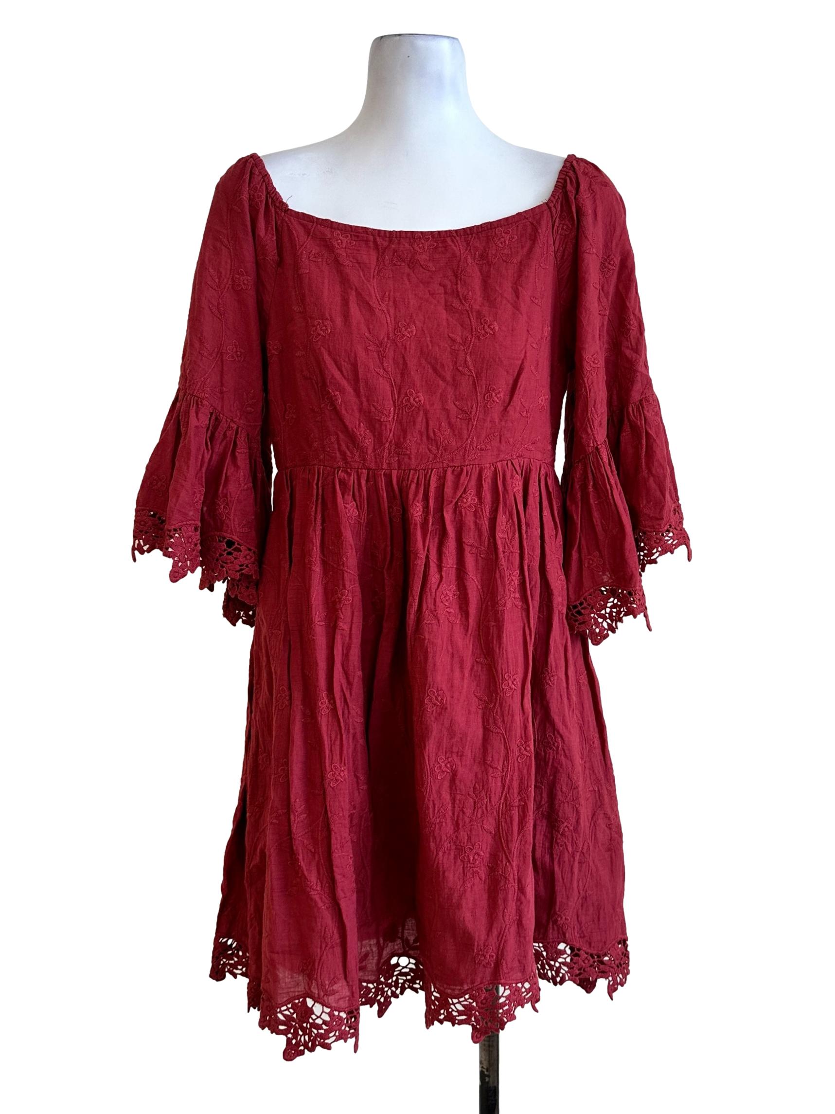 Crimson Red Flower Embroidered Dress