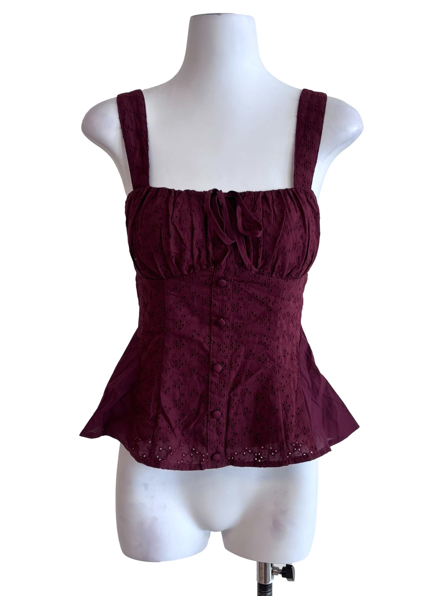 Burgundy Red Eyelet Peplum Top