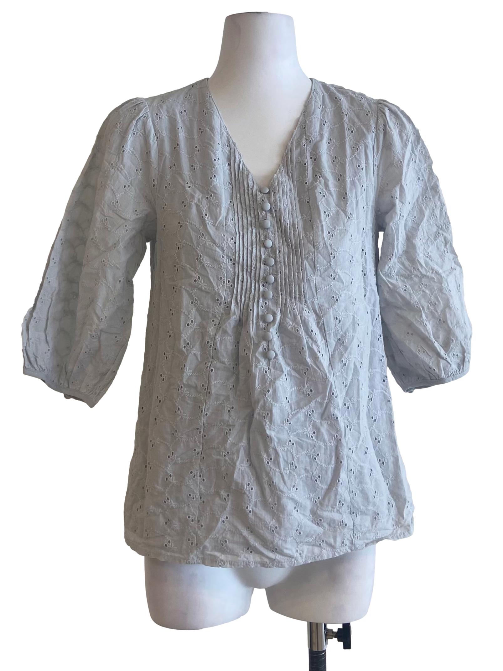 Frost  Blue Floral Embroidery Blouse