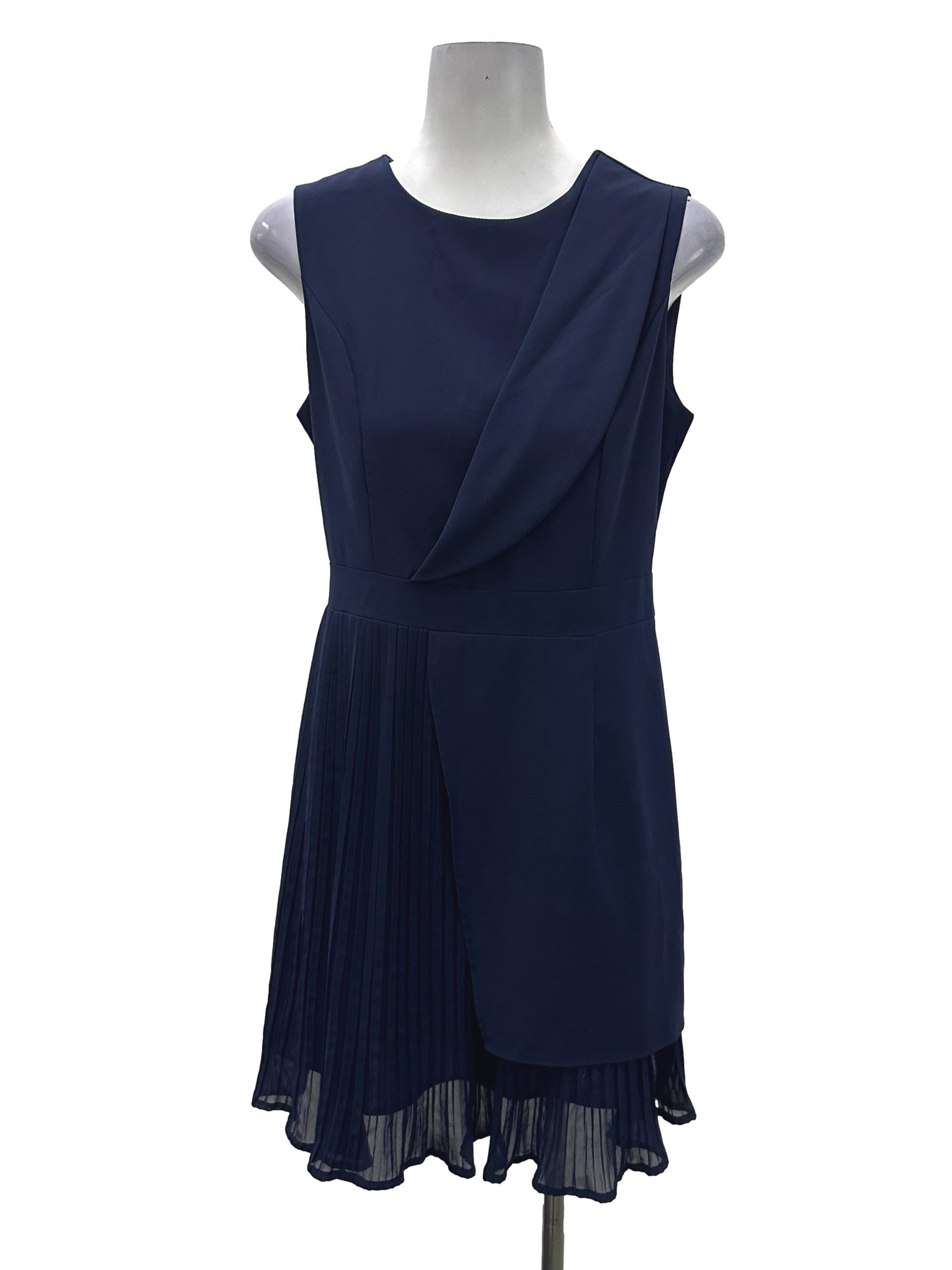 Navy Asymmetric Pleated Dress