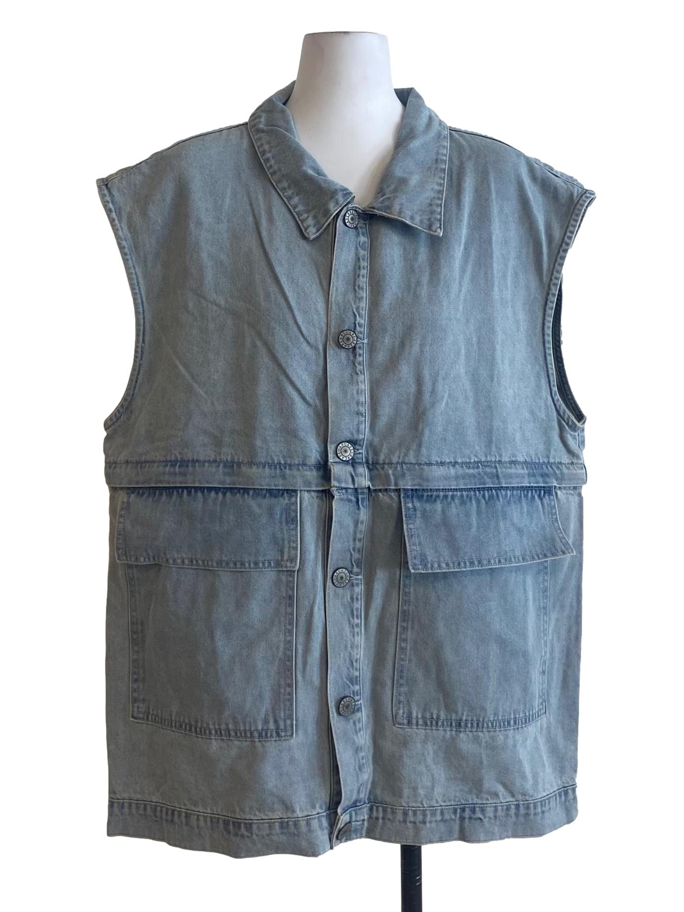 Washed Blue Button Down Sleeveless Denim Jacket