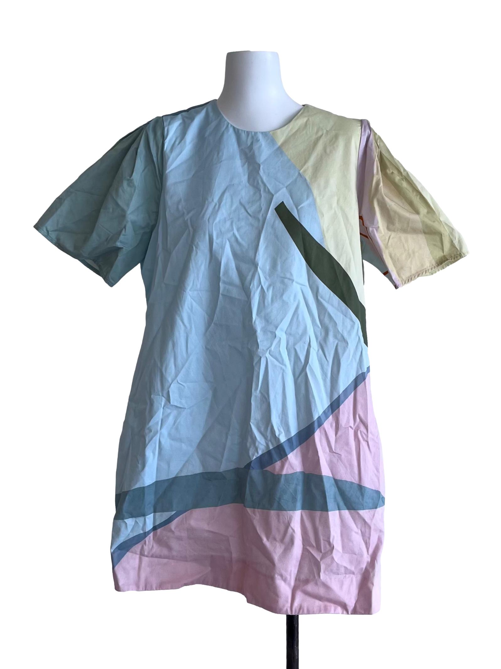 Mountains Blue Pleat Sleeve Shift Dress OSN