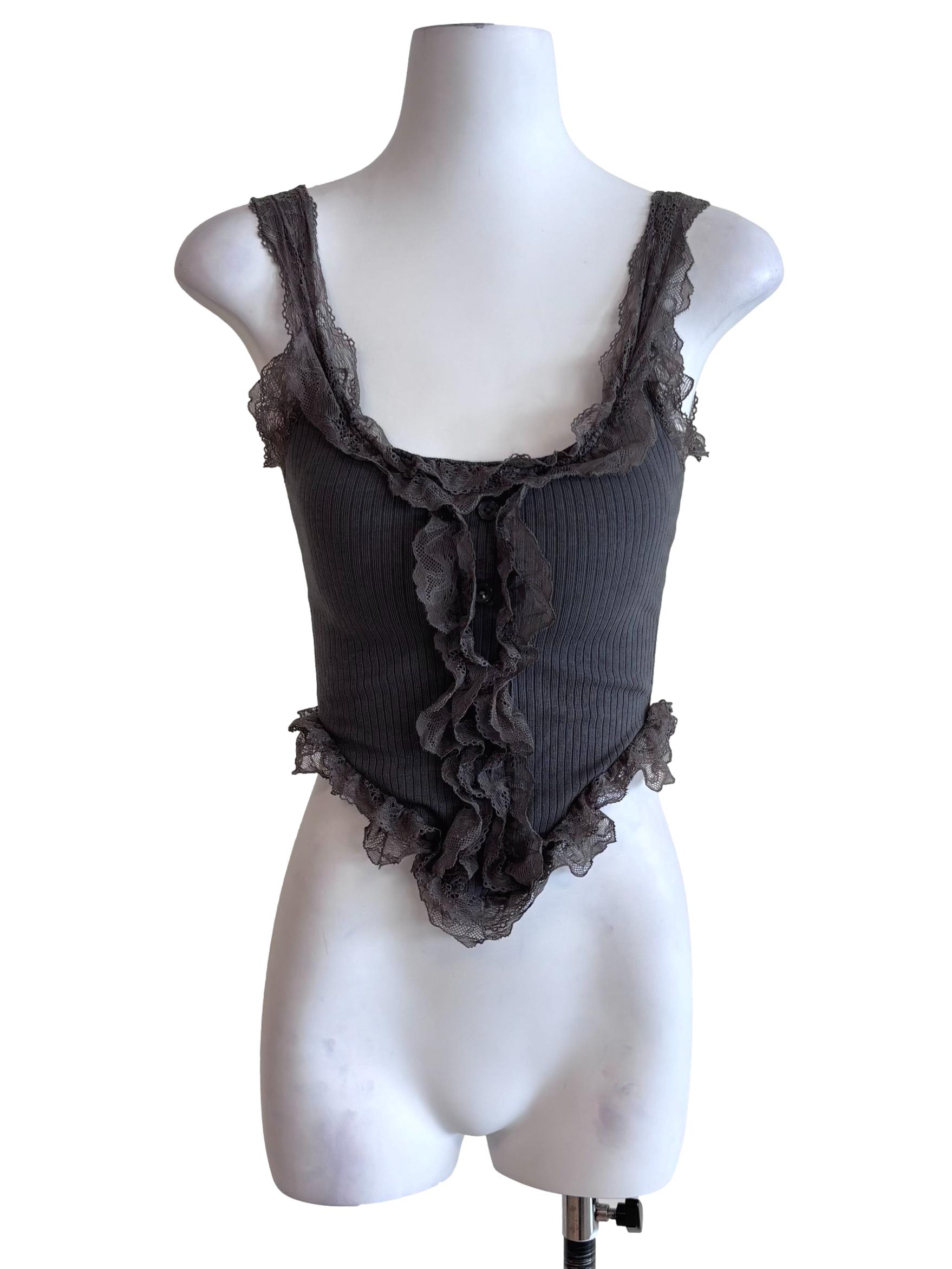Fossil Grey Ruffle Ribbed Tank Top