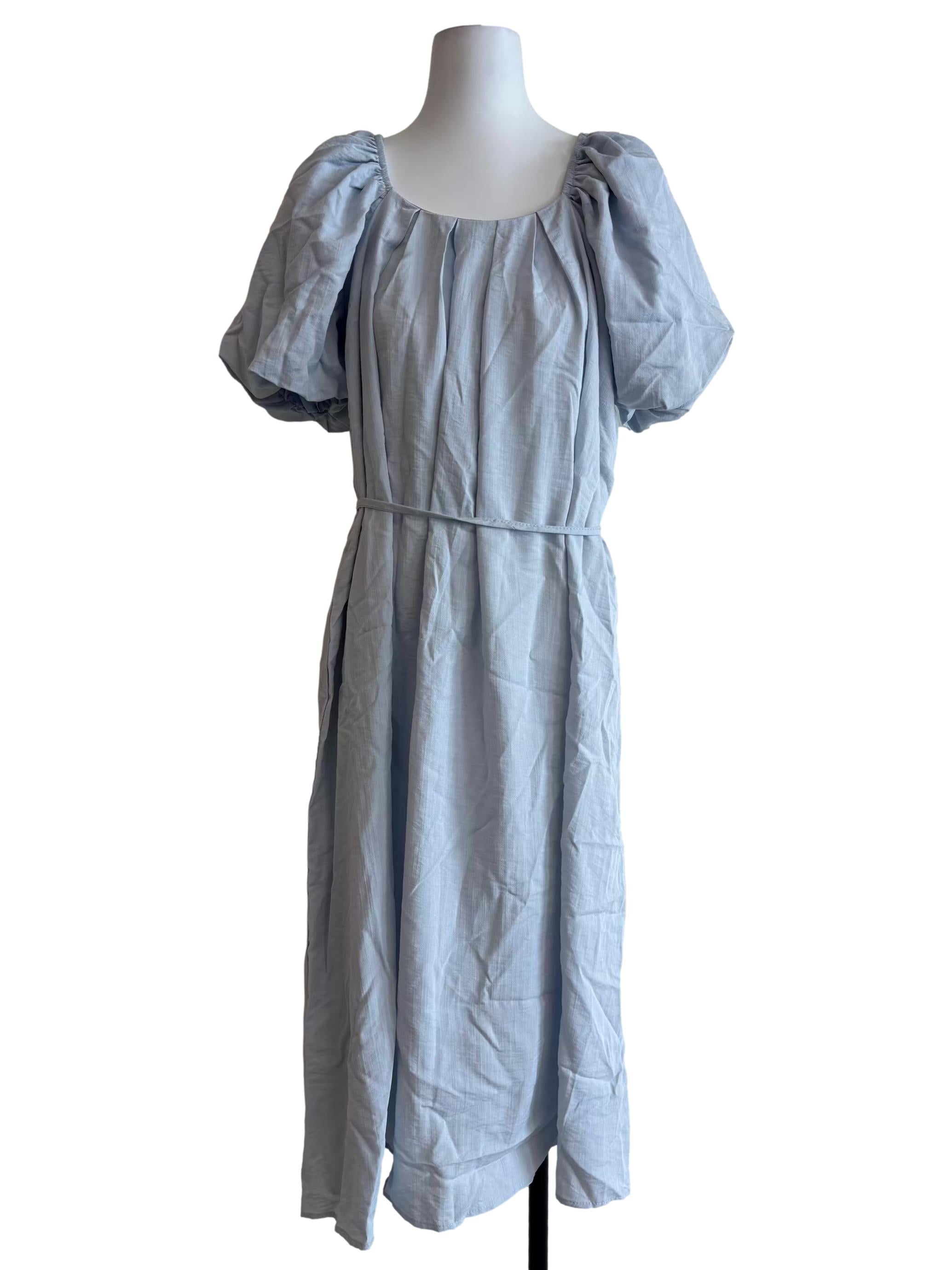 Baby Blue Peasant Neck Bubble Sleeve Dress