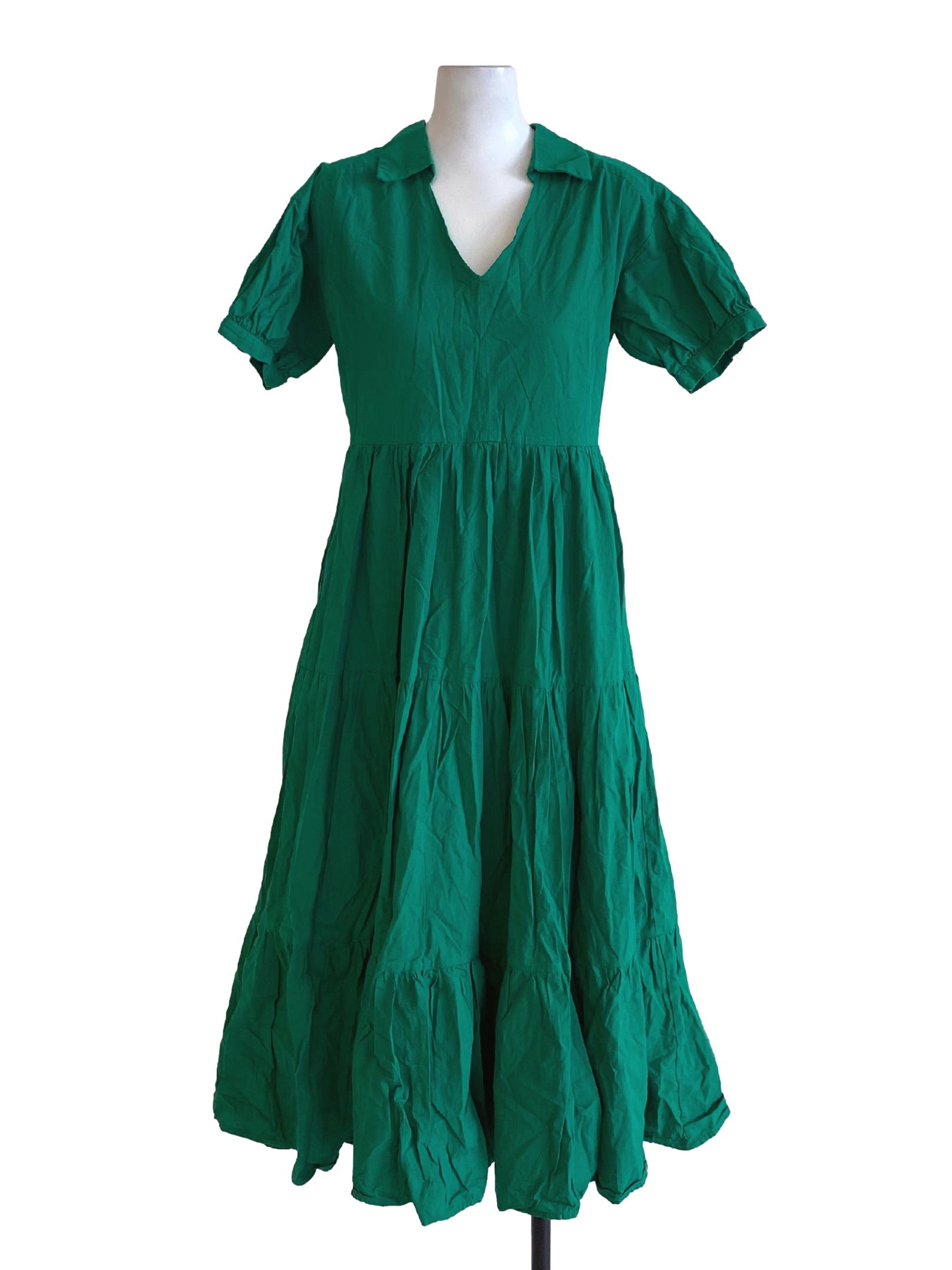 Kelly Green Peasant A-Line Tiered Shirt Dress
