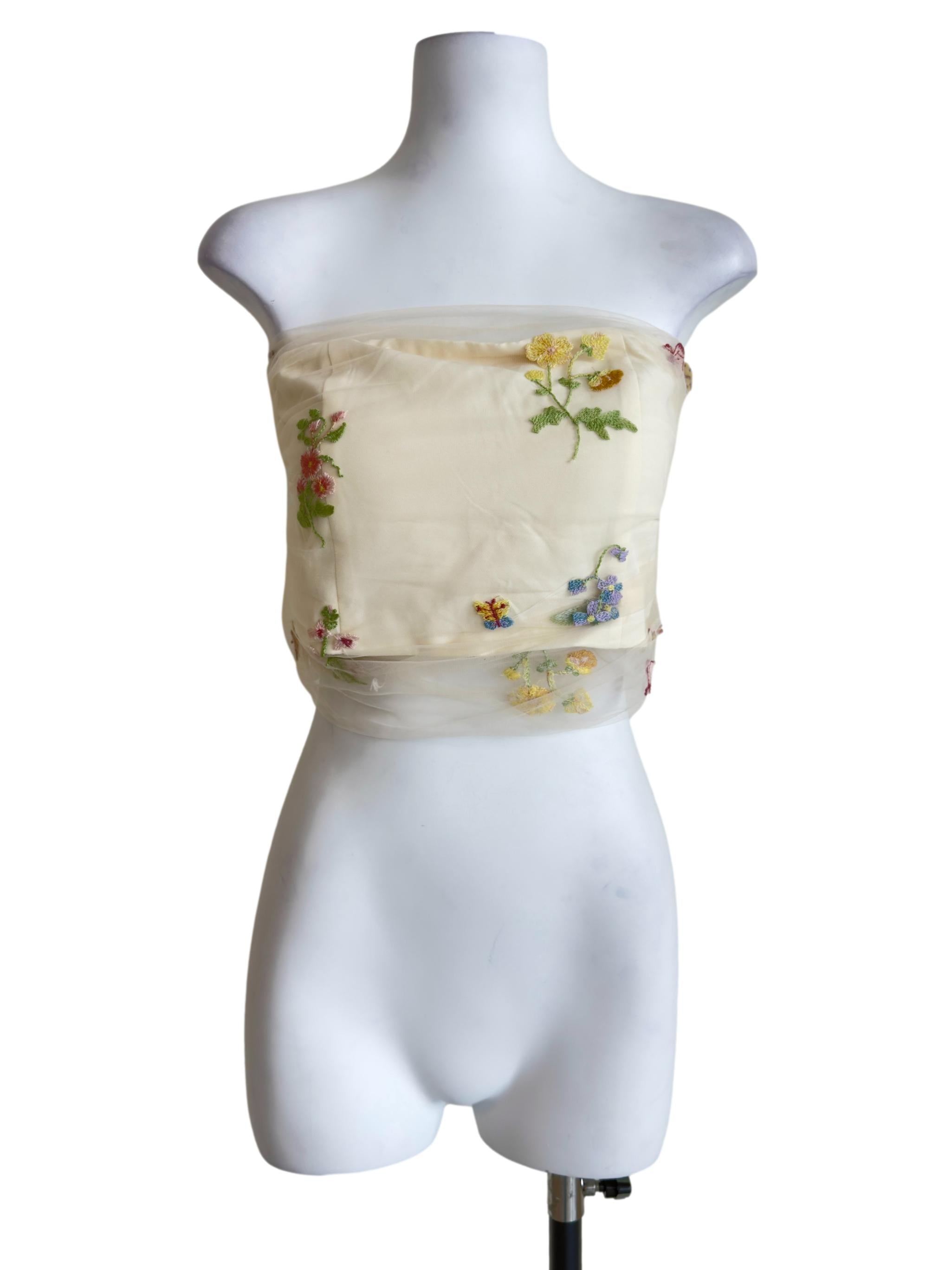 Cream Lareen Embroidery Mesh Tube Padded Top